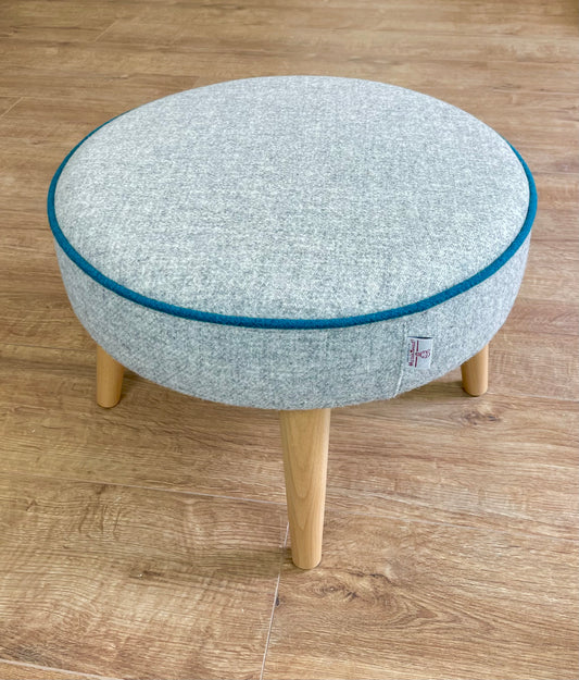 Grey Harris Tweed Wide Round Footstool with Teal Piping