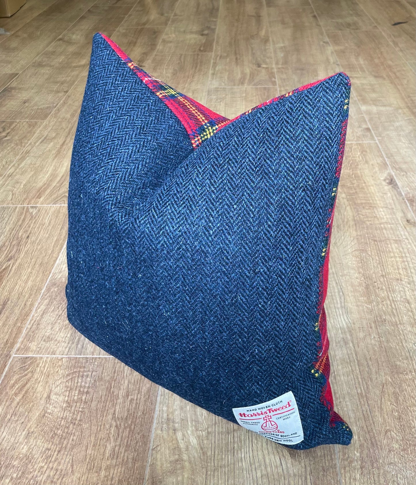 Red Tartan and Navy Harris Tweed Cushion 18”