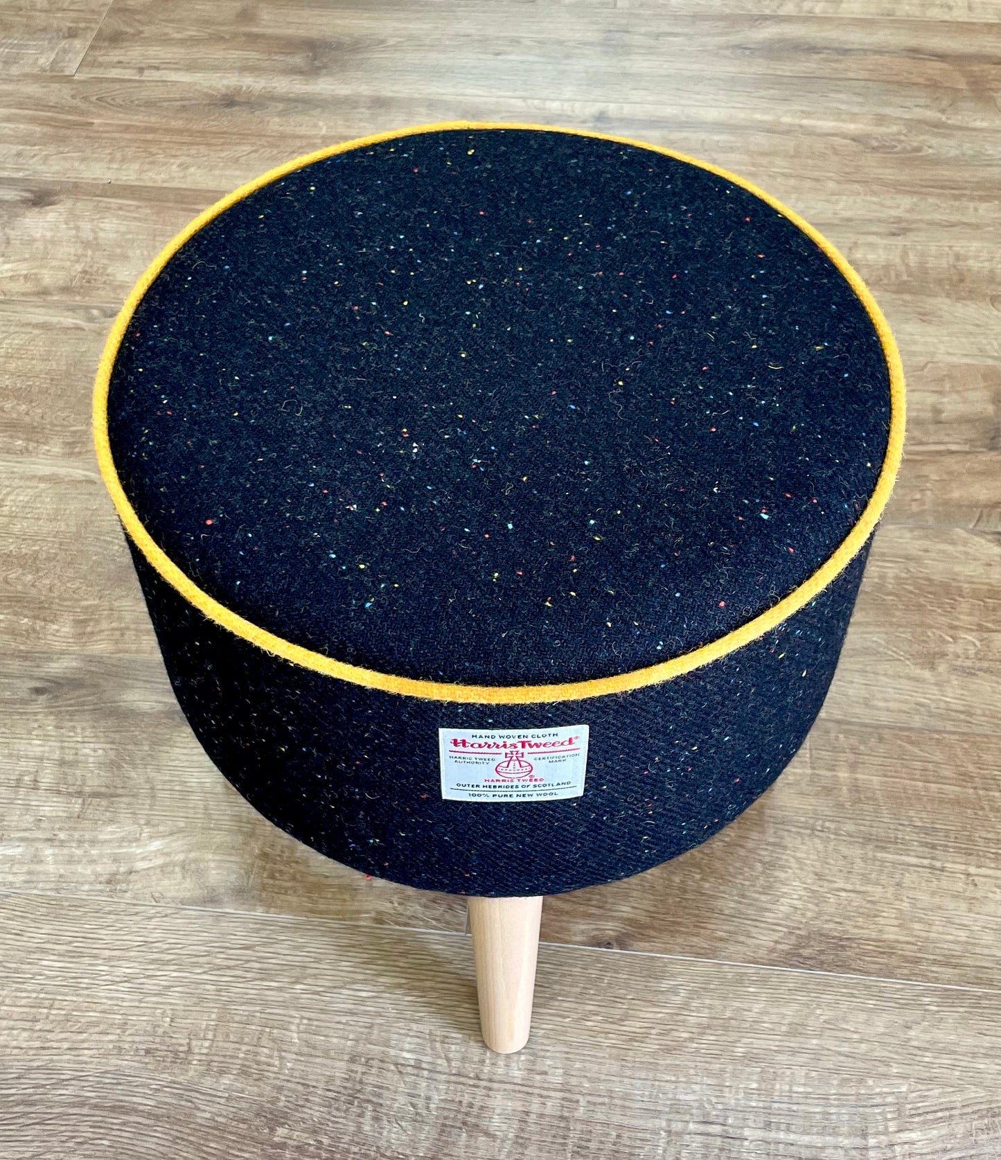 Black Speckled Harris Tweed Footstool with Yellow Piping Detail