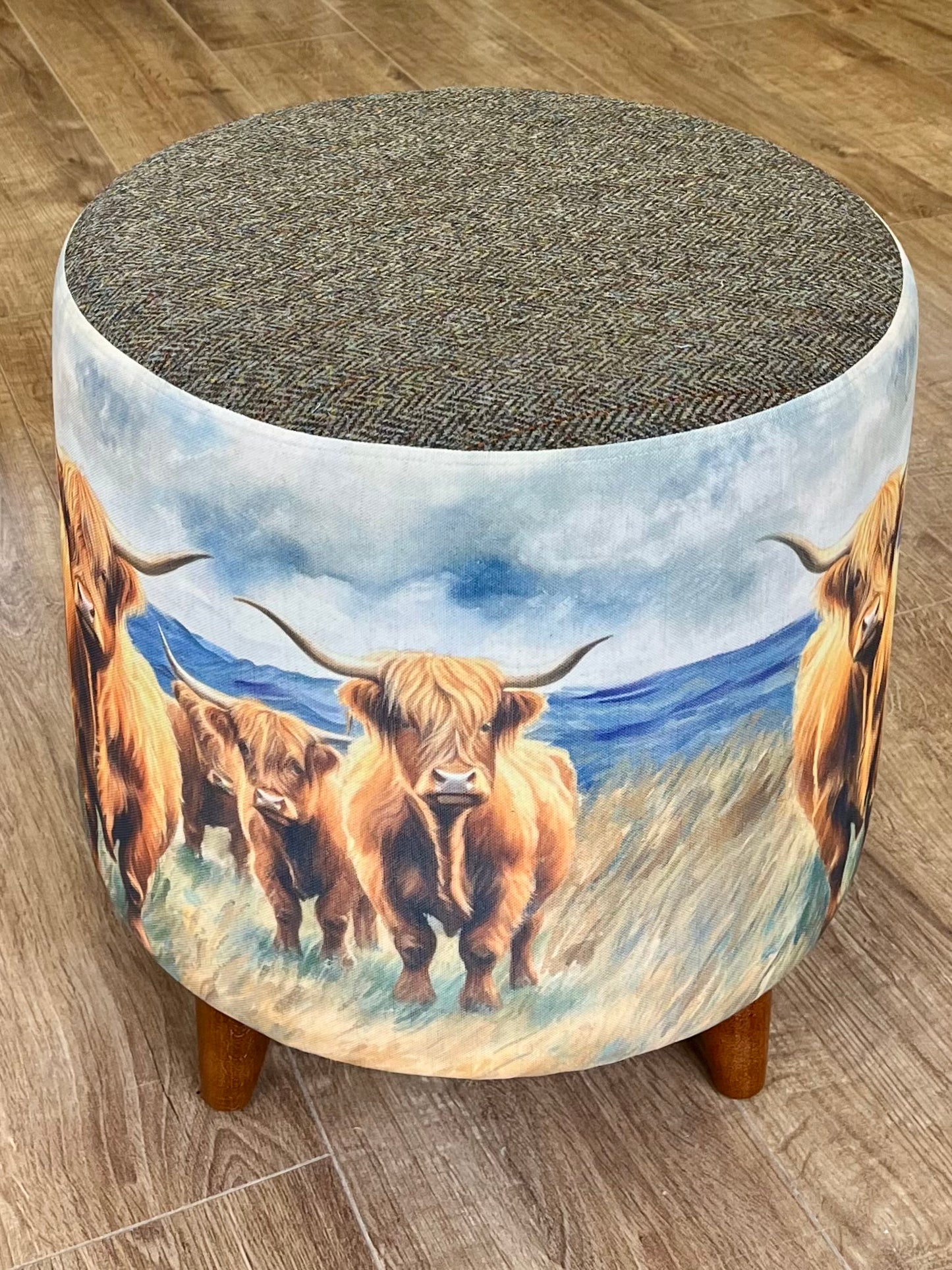 Highland Cows by the Sea Chunky Footstool with Brown Harris Tweed