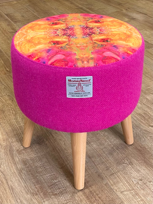 Fire Velvet and Pink Harris Tweed Footstool