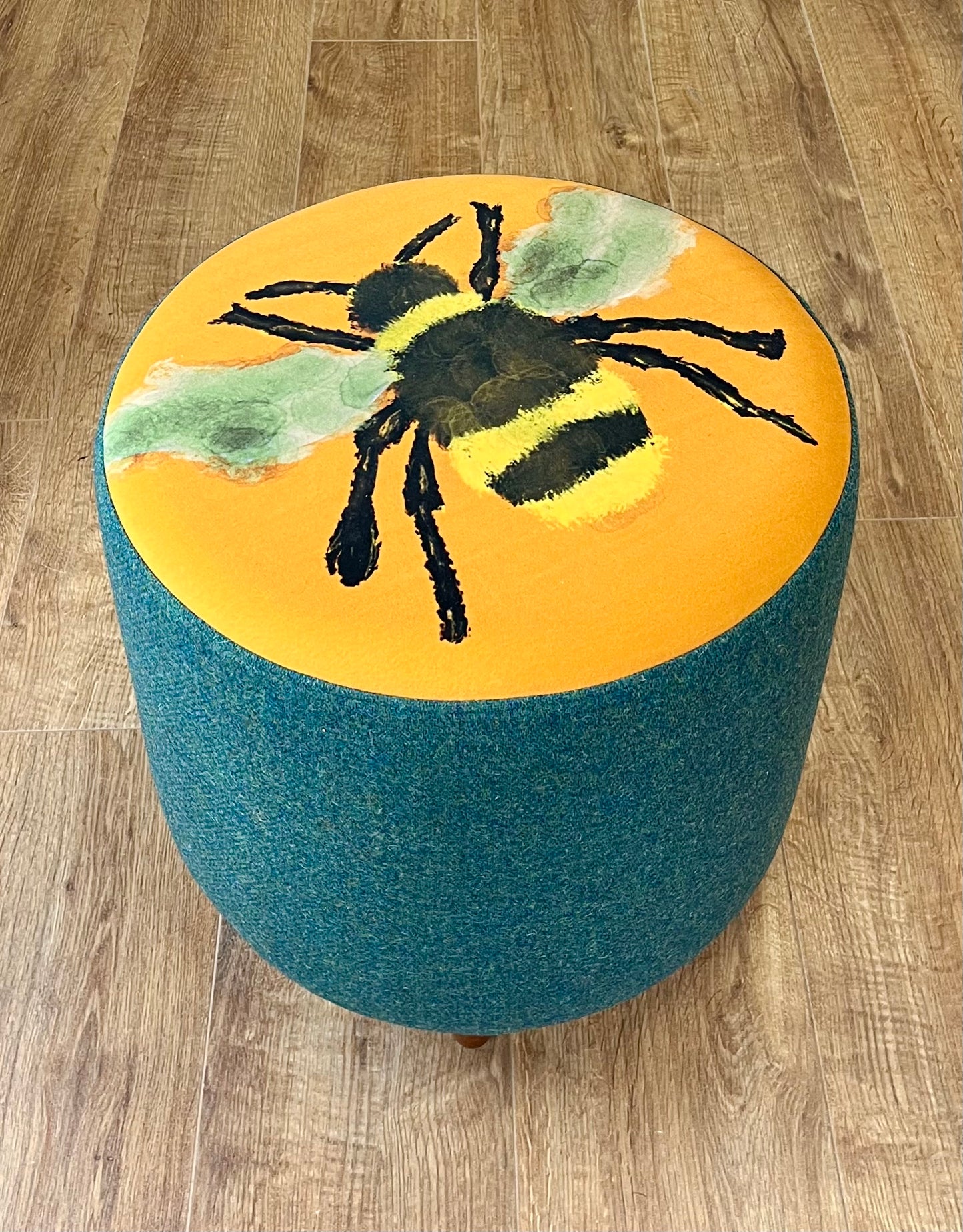 Bumble Bee Velvet Footstool with Green Harris Tweed with Dark Wooden Mini Feet