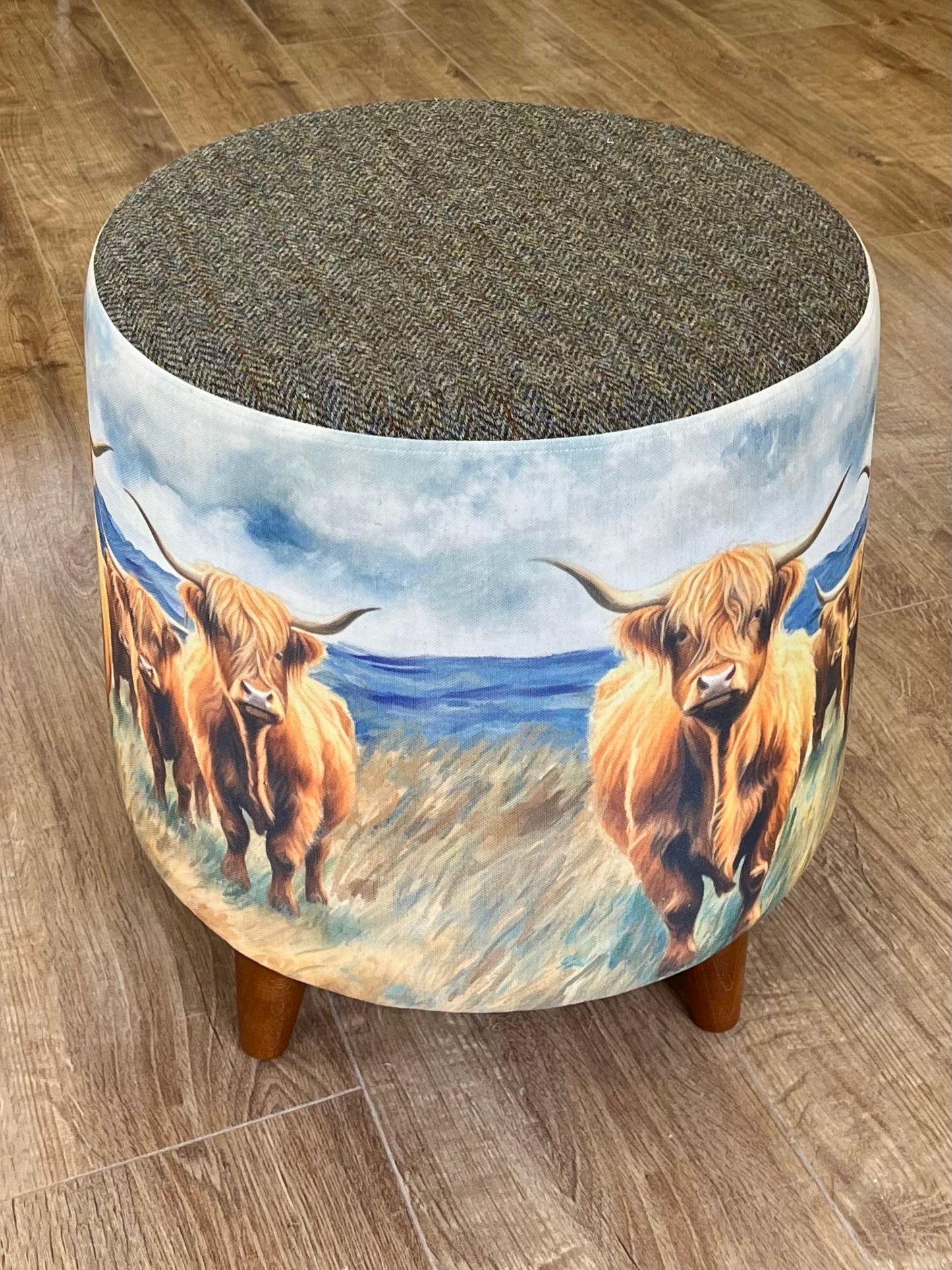 Highland Cows by the Sea Chunky Footstool with Brown Harris Tweed