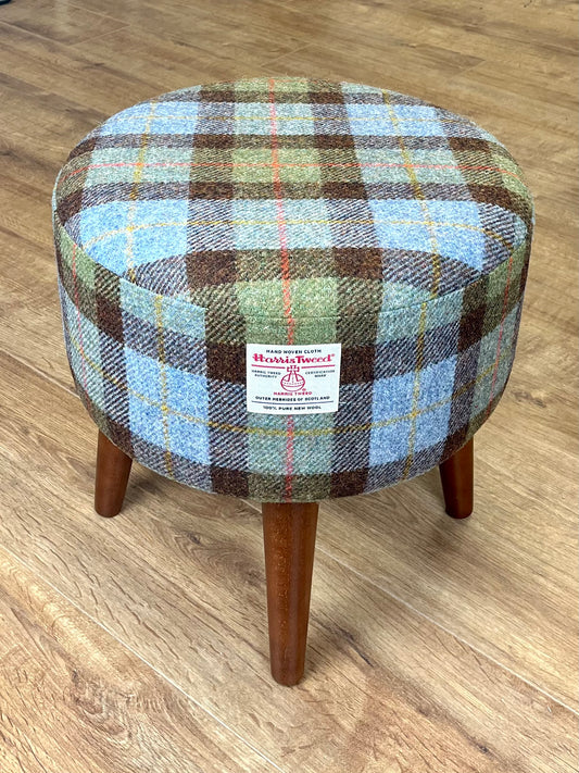 Harris Tweed MacLeod Tartan Round Footstool with Varnished Dark Wooden Legs