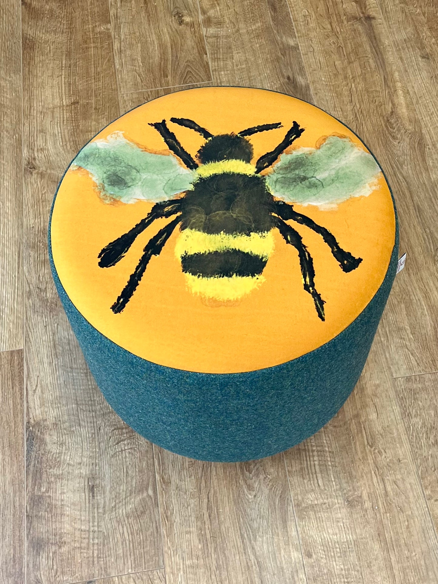 Bumble Bee Velvet Footstool with Green Harris Tweed with Dark Wooden Mini Feet
