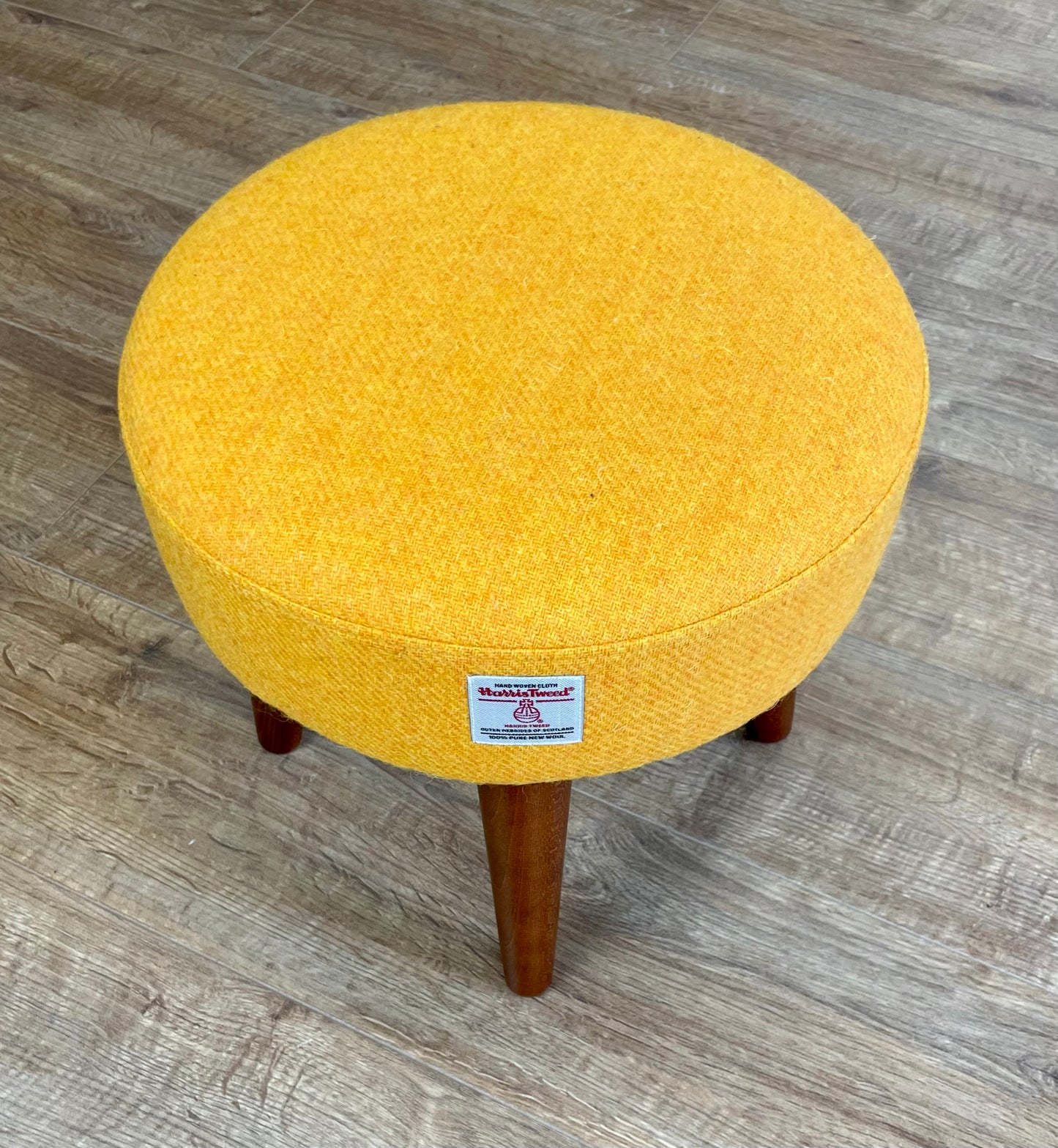 Yellow Harris Tweed Footstool with Dark Varnished Wooden Legs