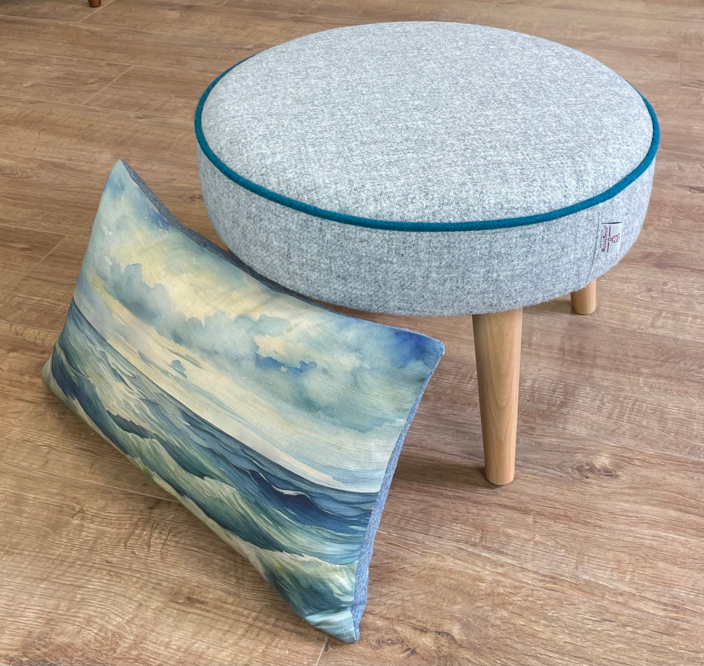 Grey Harris Tweed Wide Round Footstool with Teal Piping