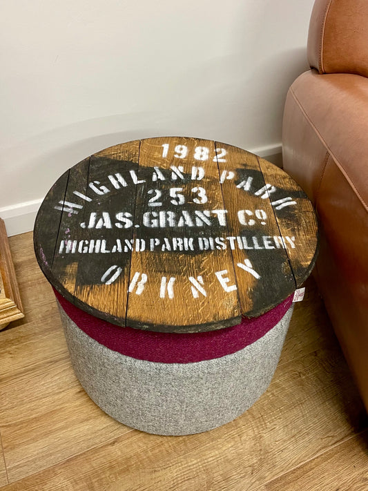 Floating Oak Whisky Barrel Top Rustic Table with Raspberry and Grey Harris Tweed Base
