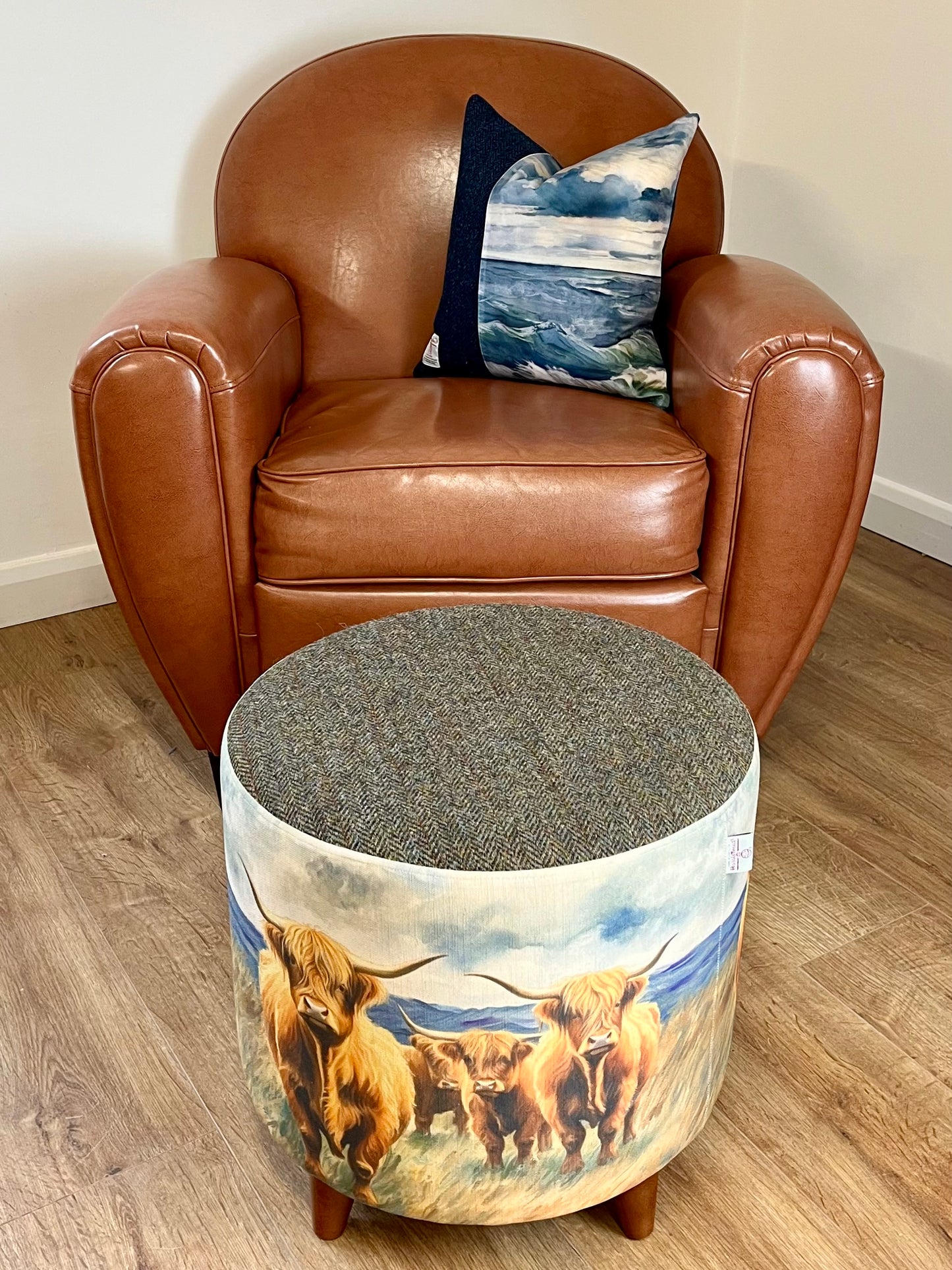 Highland Cows by the Sea Chunky Footstool with Brown Harris Tweed