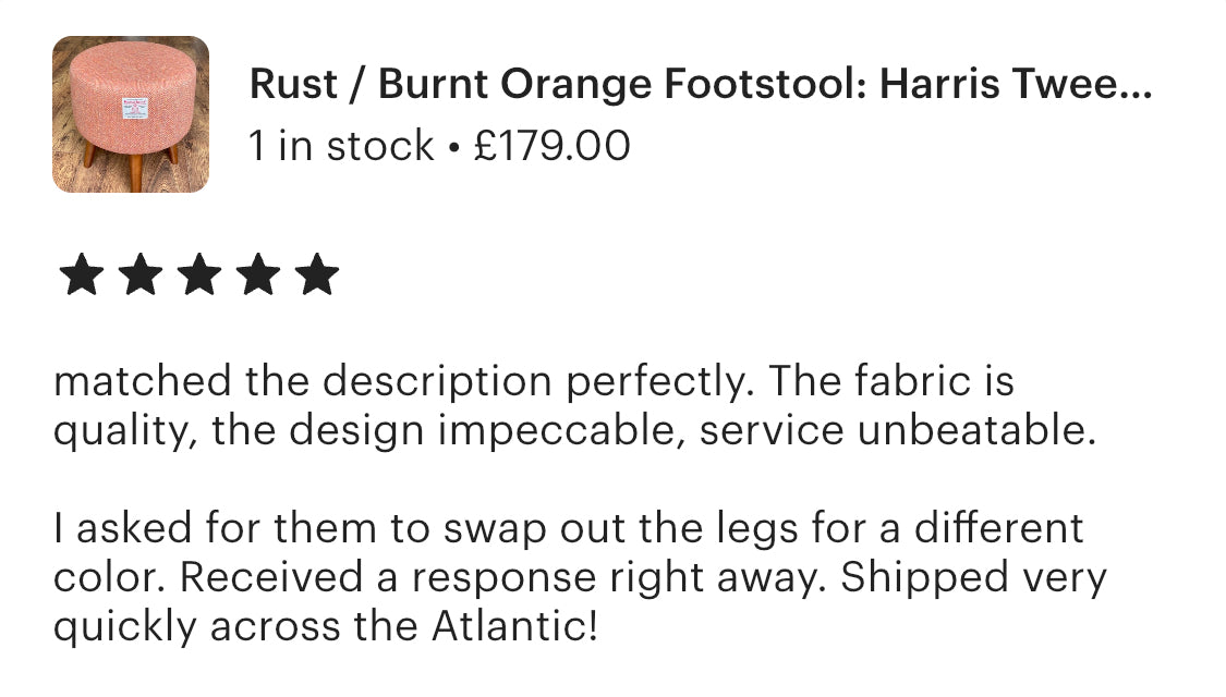 Rust / Burnt Orange Footstool: Harris Tweed, Dark Varnished Wooden Legs