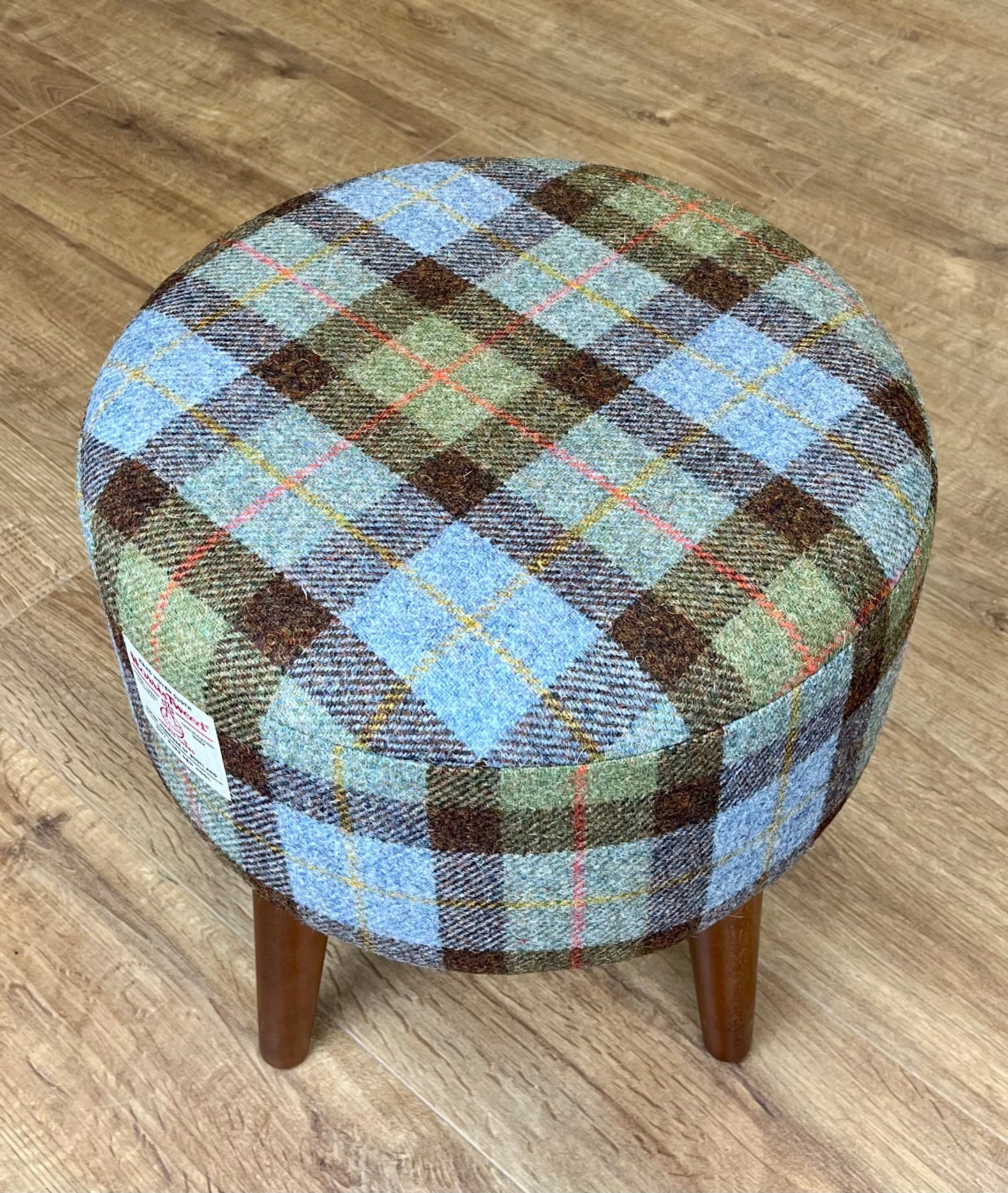 Harris Tweed MacLeod Tartan Round Footstool with Varnished Dark Wooden Legs