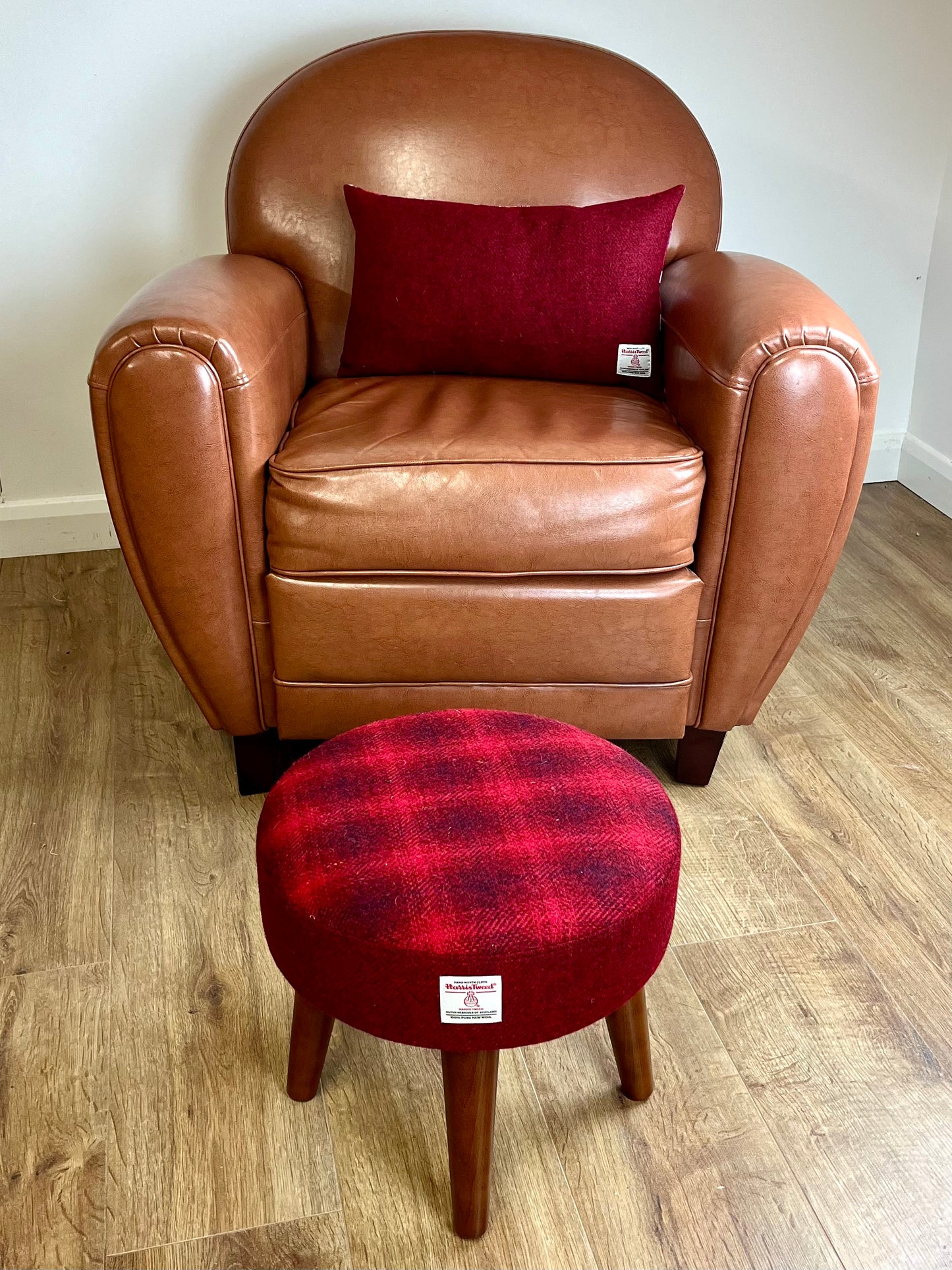 Red and Faded Tartan Harris Tweed Footstool