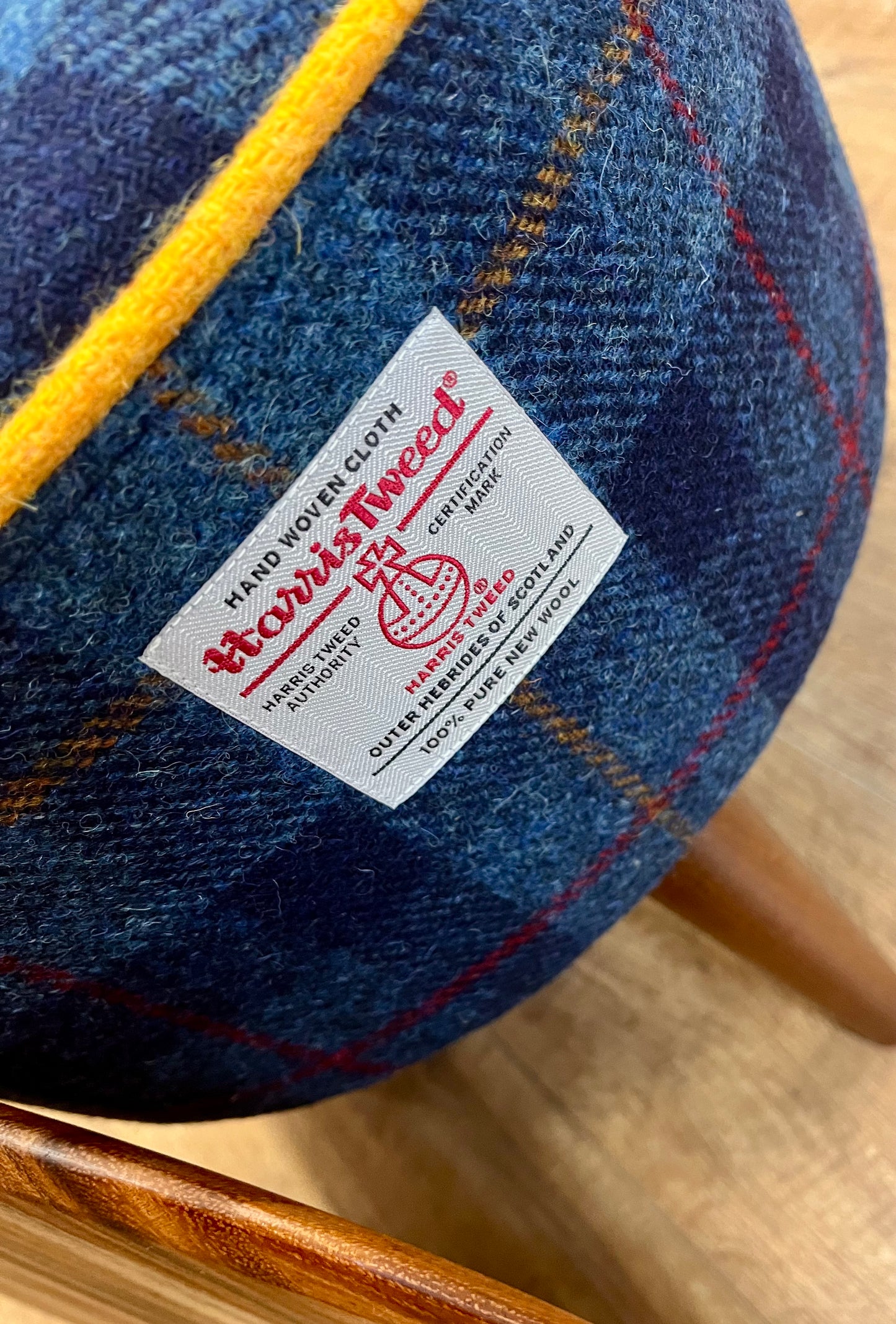 Blue Tartan Harris Tweed End Table with Yellow Piping and Removable Wooden Top