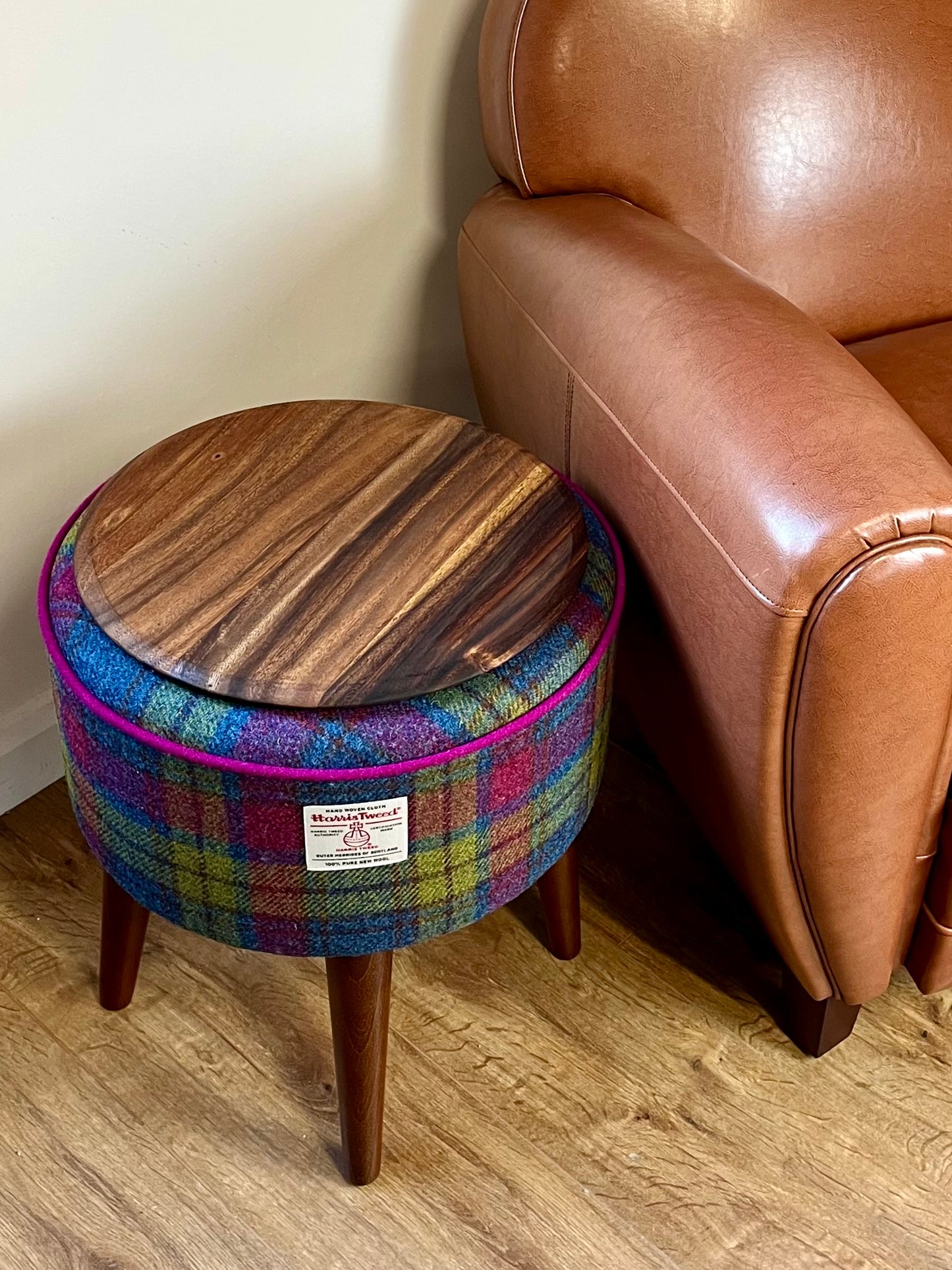 Colourful Tartan Harris Tweed End Table with Fuchsia Piping and Removable Wooden Top