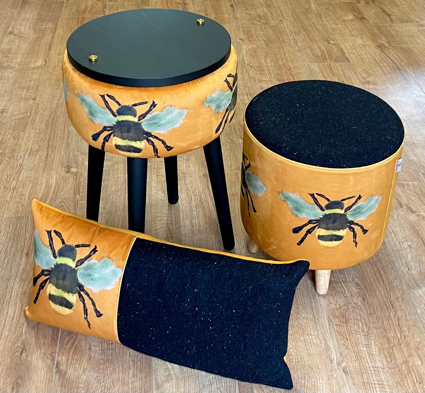 Bumble Bee Velvet and Green Harris Tweed Medium Chunky Stool