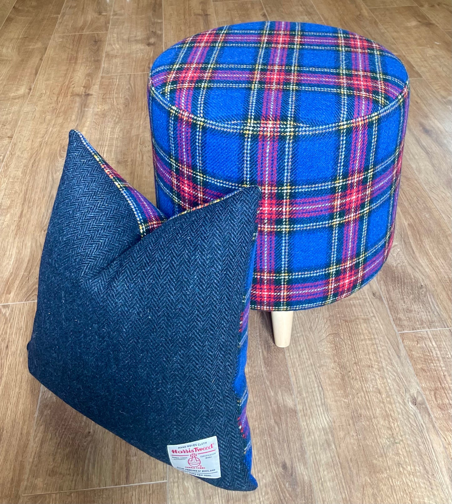 Blue Tartan and Navy Harris Tweed Cushion 18”