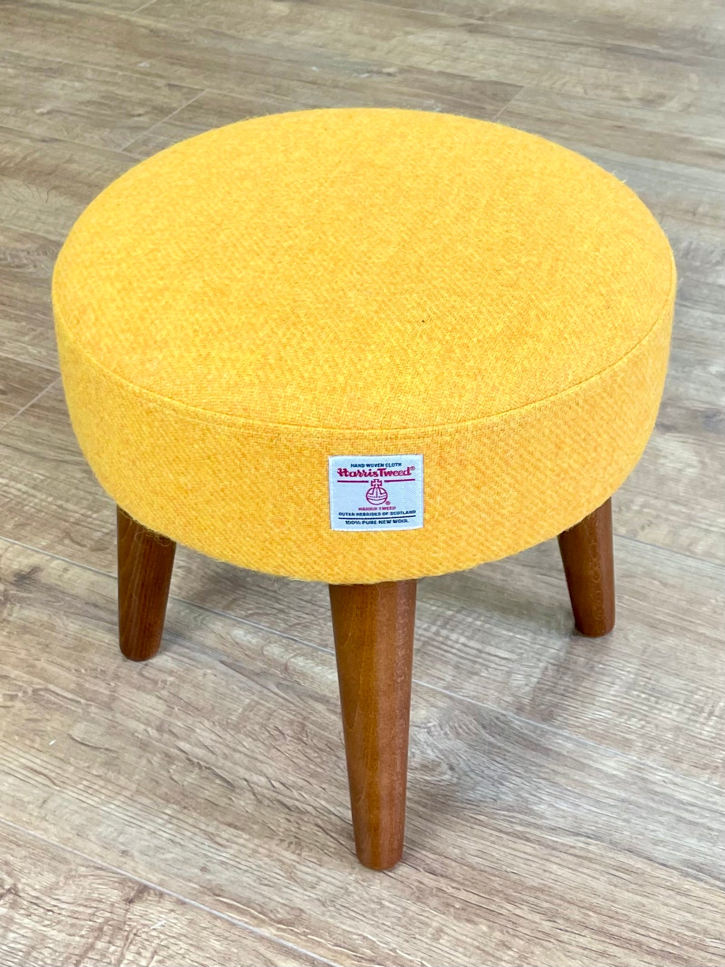 Yellow Harris Tweed Footstool with Dark Varnished Wooden Legs