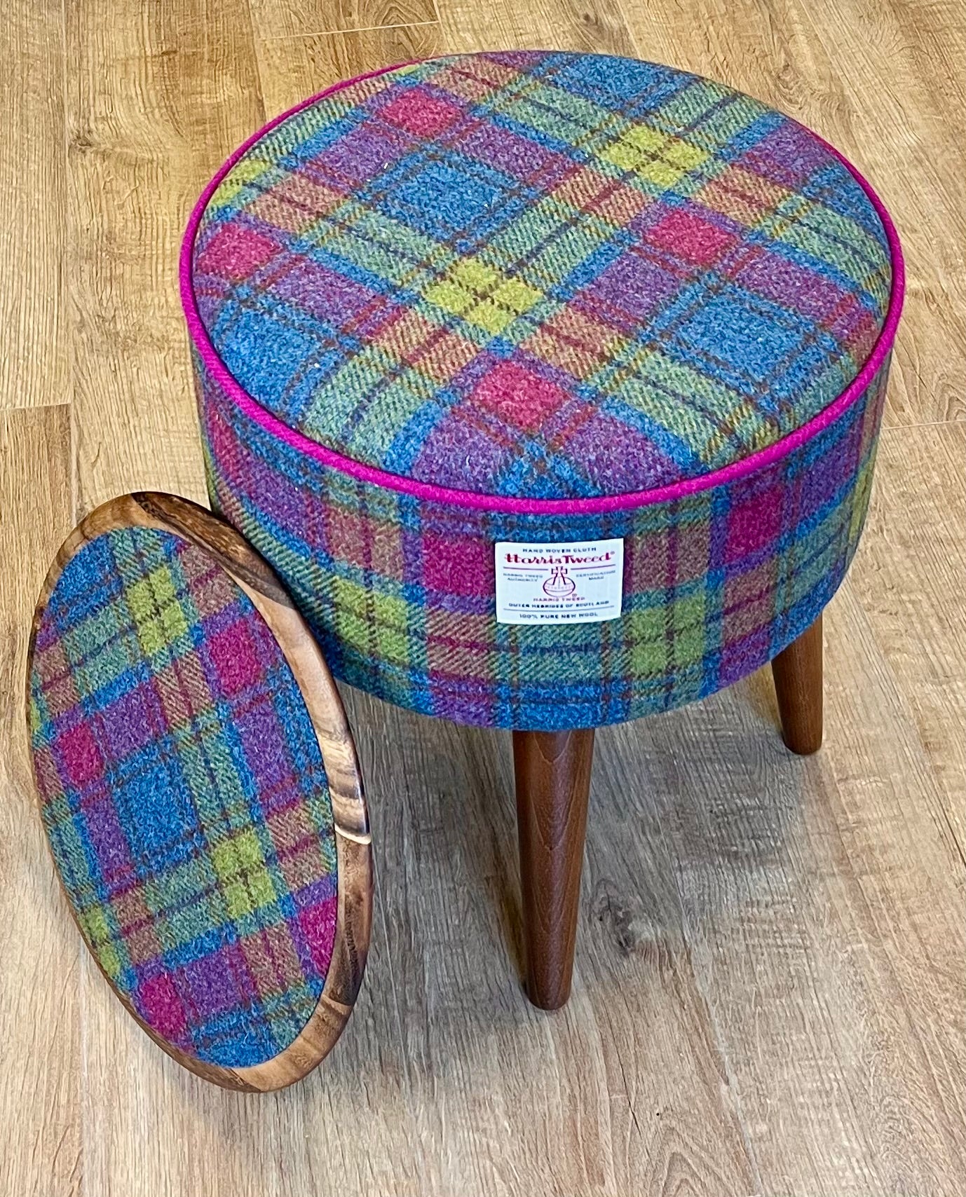 Colourful Tartan Harris Tweed End Table with Fuchsia Piping and Removable Wooden Top