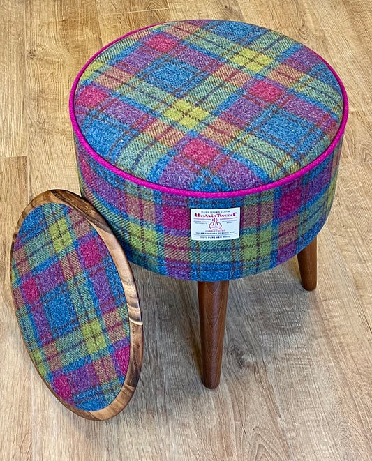 Colourful Tartan Harris Tweed End Table with Fuchsia Piping and Removable Wooden Top