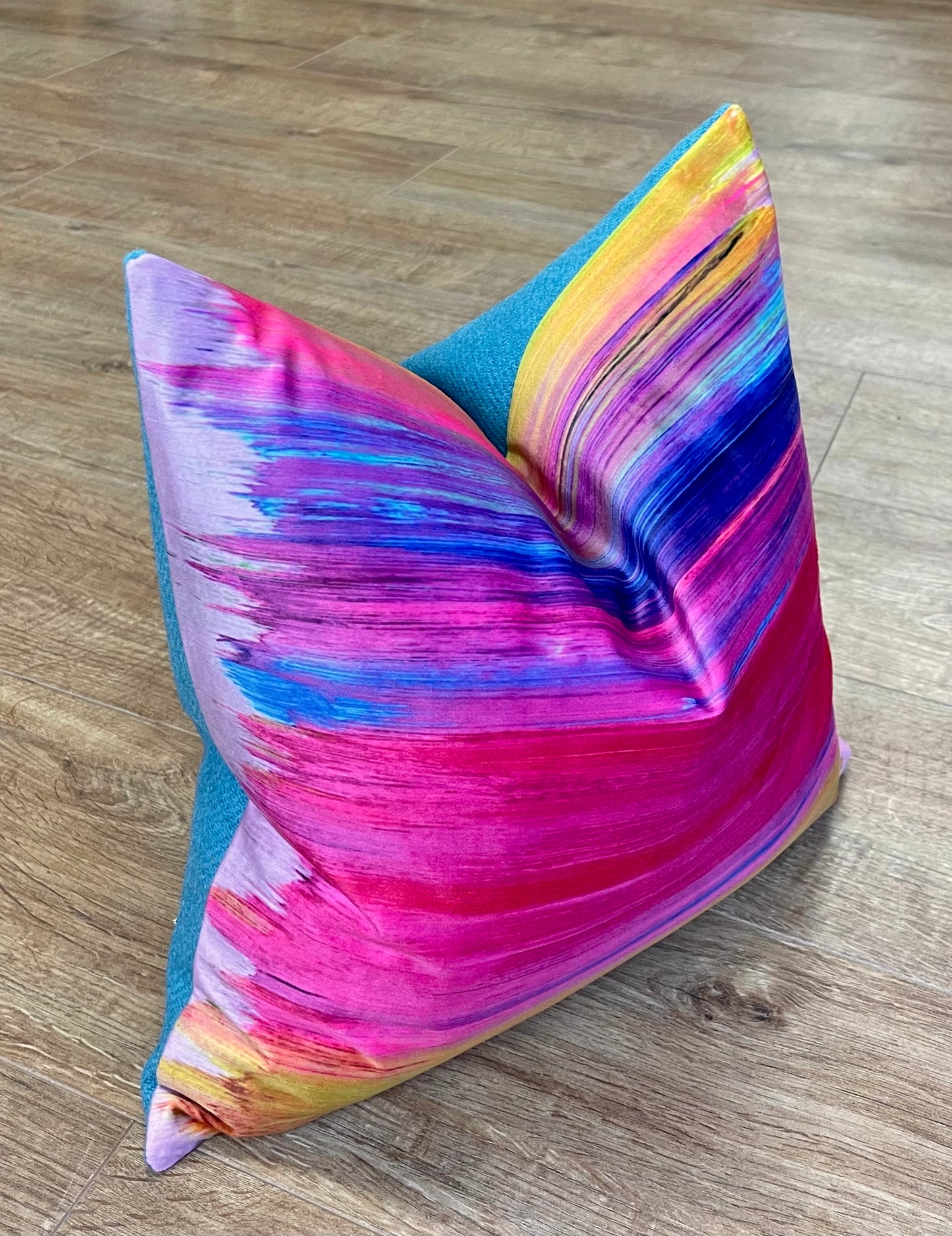 Paint Strokes Velvet and Turquoise Harris Tweed Cushion, Handmade, 16”