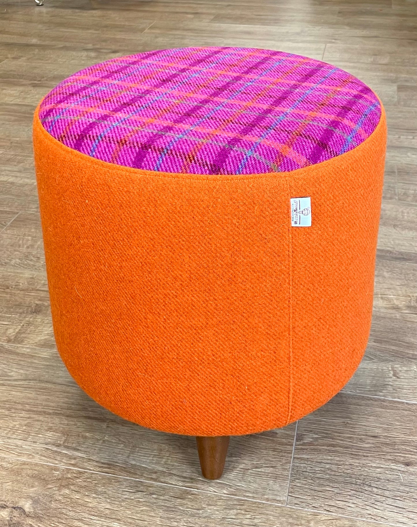 Orange and Bright Pink Tartan Harris Tweed Chunky Footstool