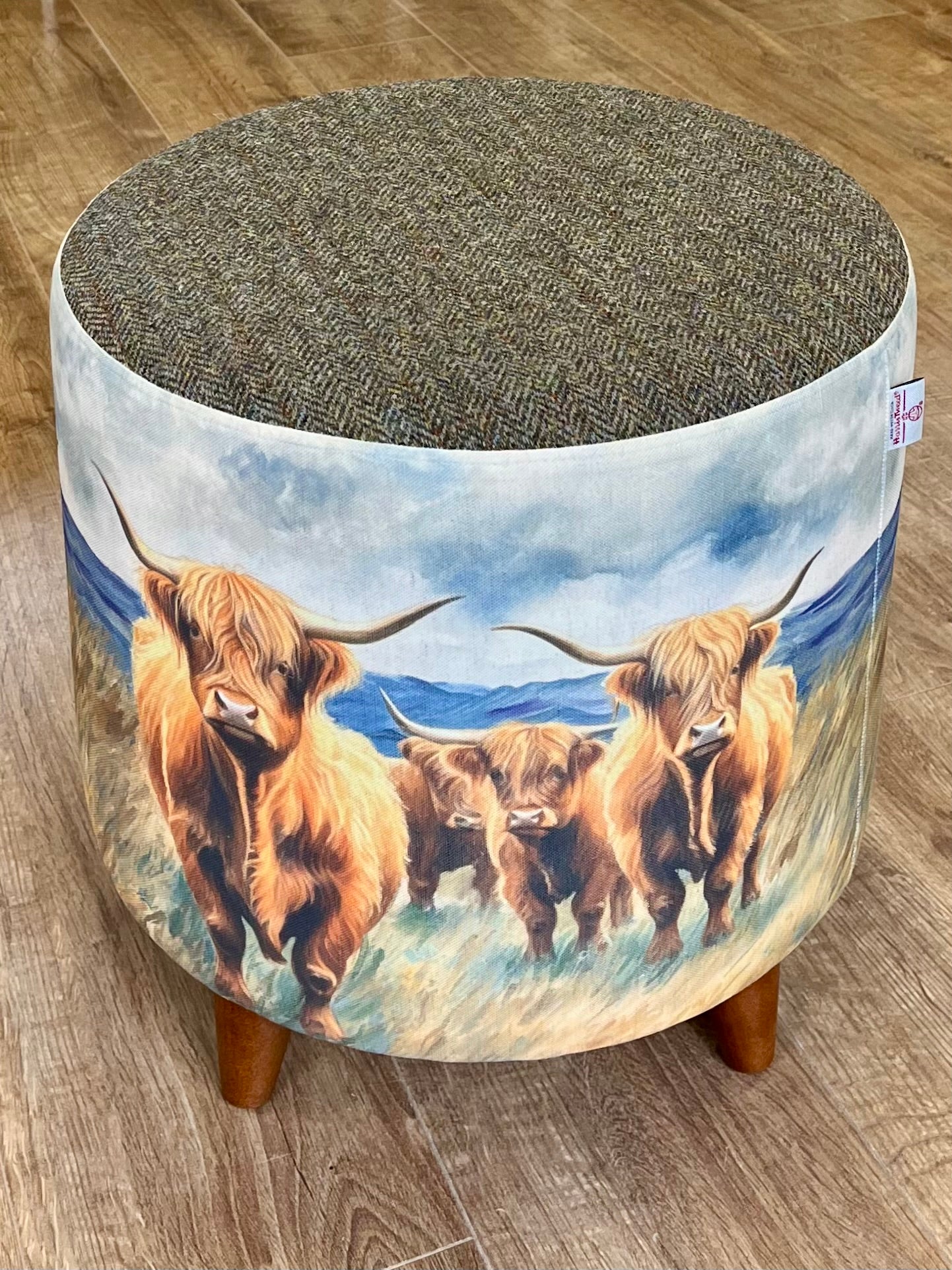 Highland Cows by the Sea Chunky Footstool with Brown Harris Tweed