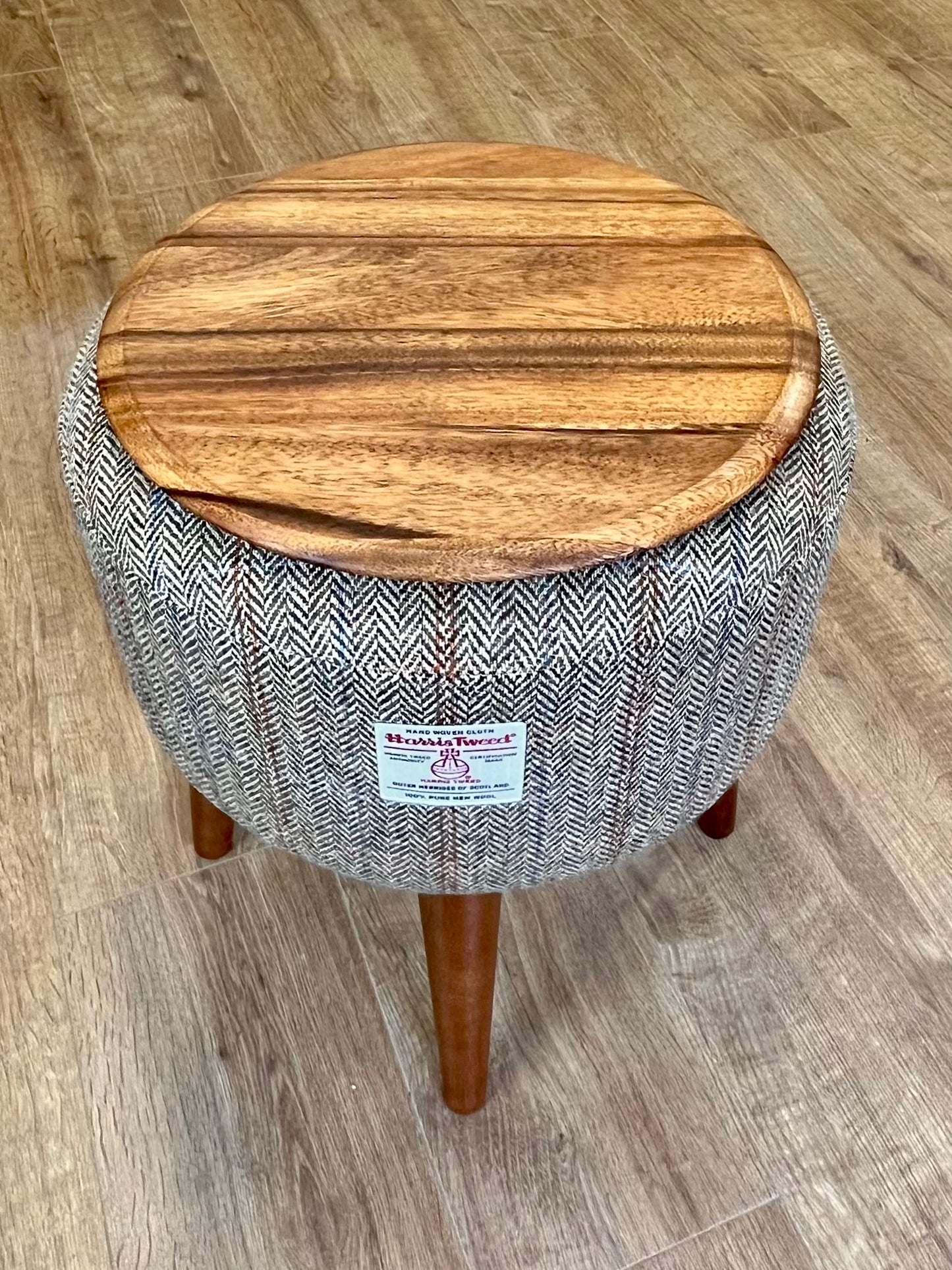 Overcheck Harris Tweed End Table with Removable Wooden Top and Dark Varnished Wooden Legs