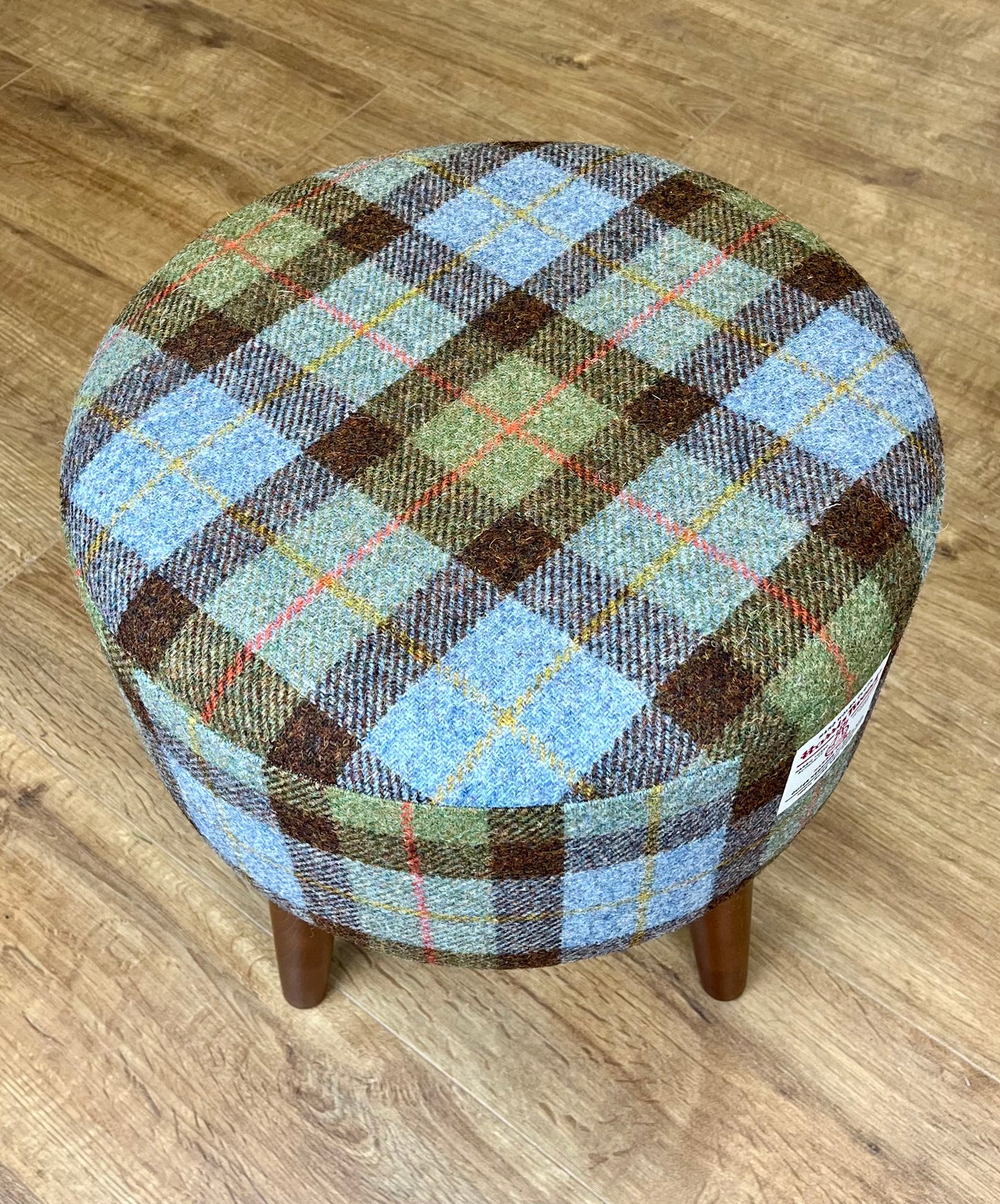 Harris Tweed MacLeod Tartan Round Footstool with Varnished Dark Wooden Legs