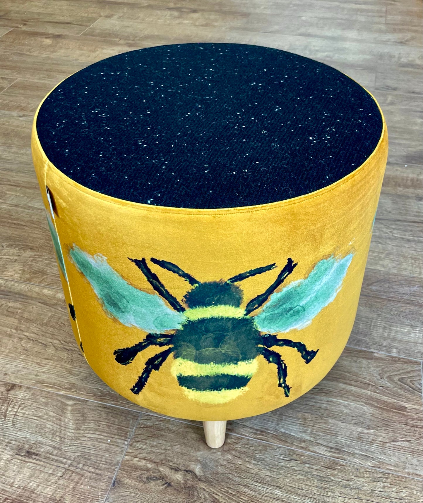 Bumble Bee Footstool with Black Speckled Harris Tweed Top Detail