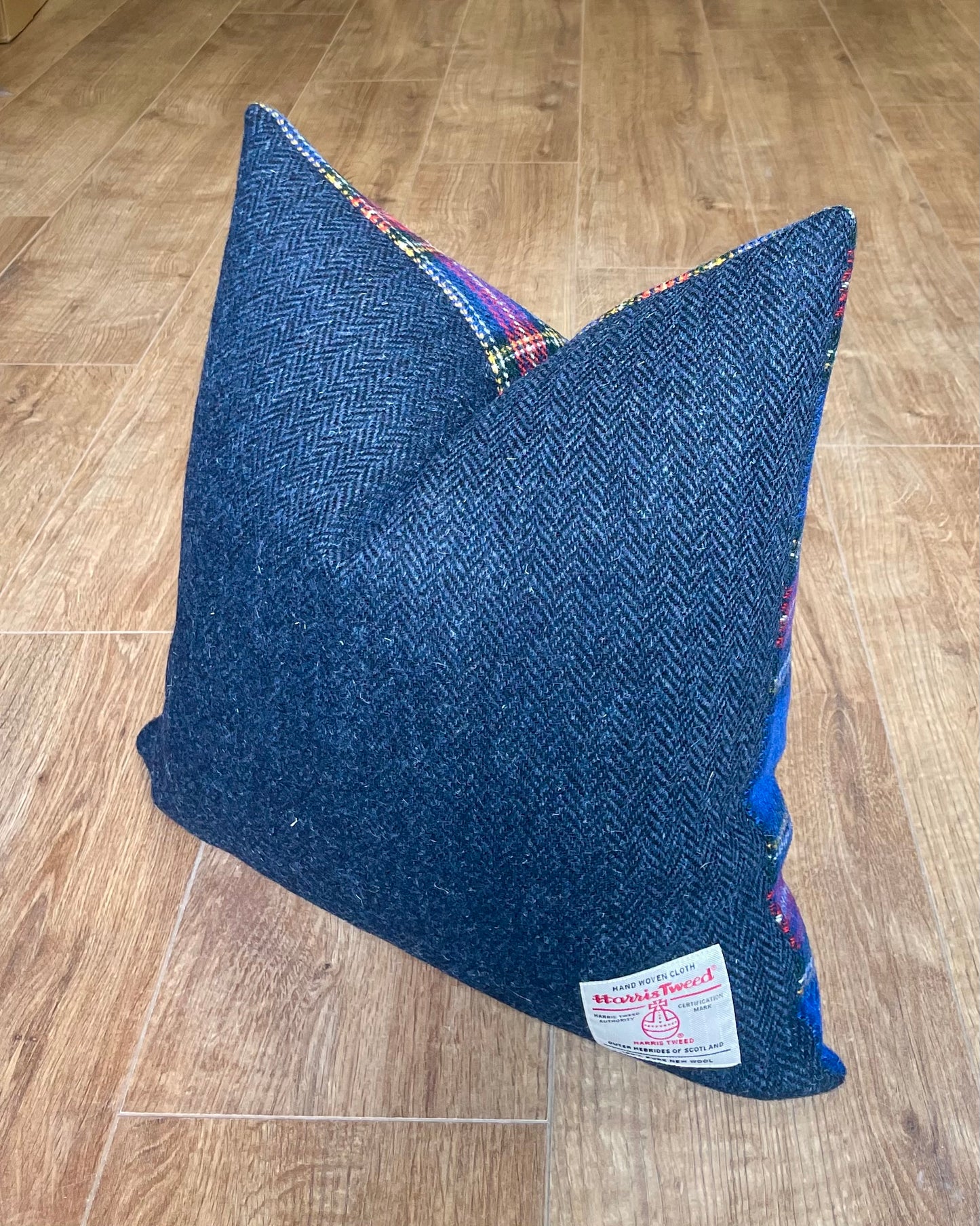 Blue Tartan and Navy Harris Tweed Cushion 18”