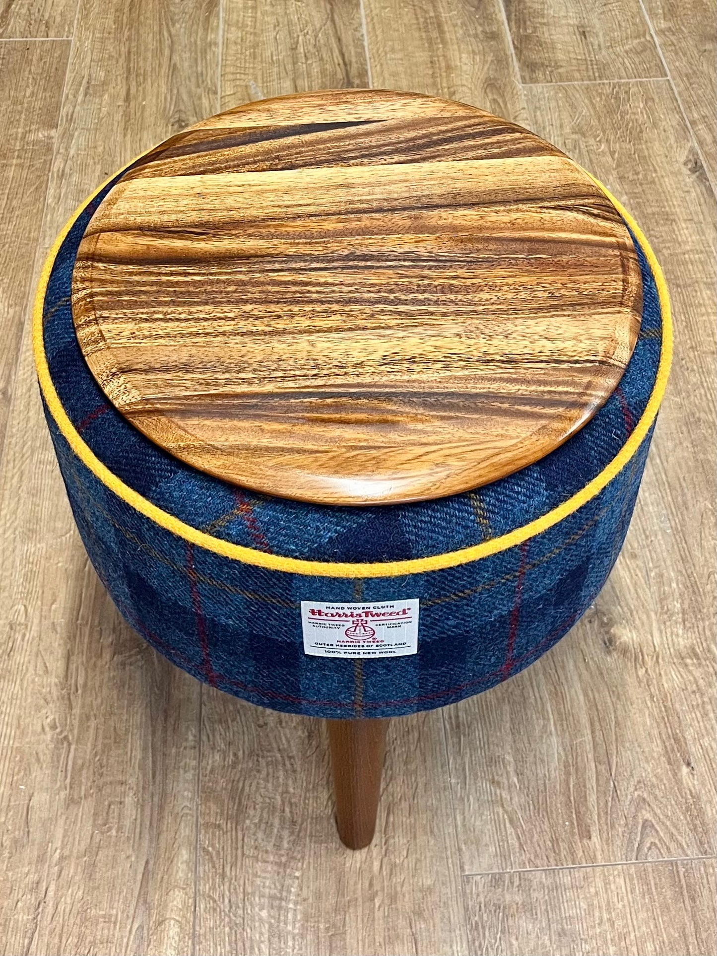 Blue Tartan Harris Tweed End Table with Yellow Piping and Removable Wooden Top
