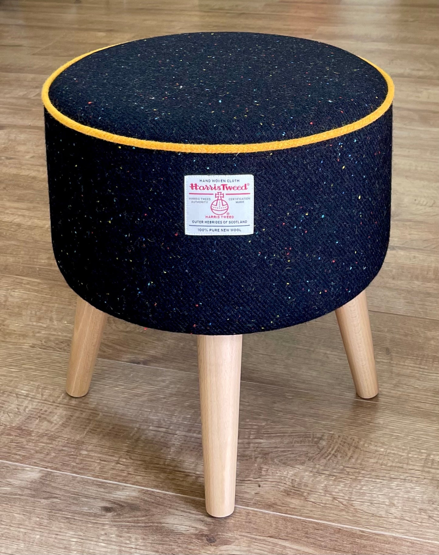 Black Speckled Harris Tweed Footstool with Yellow Piping Detail