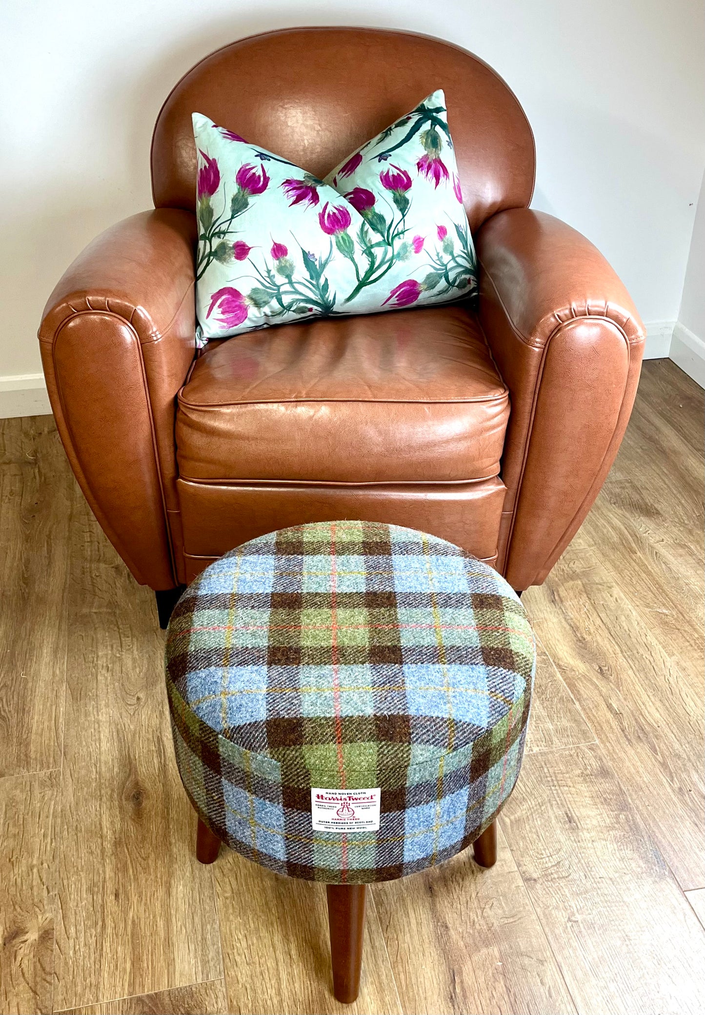 Harris Tweed MacLeod Tartan Round Footstool with Varnished Dark Wooden Legs
