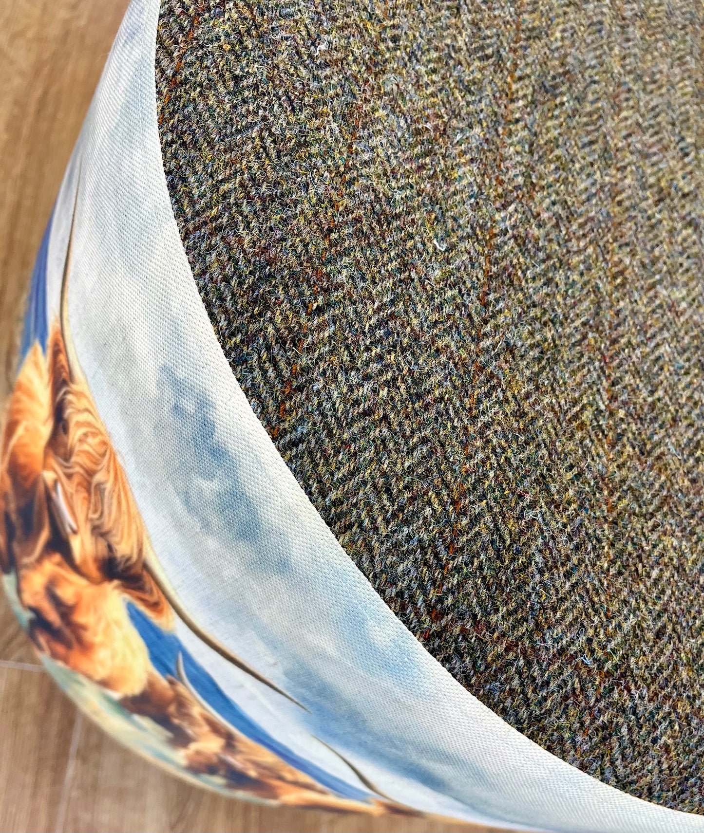 Highland Cows by the Sea Chunky Footstool with Brown Harris Tweed