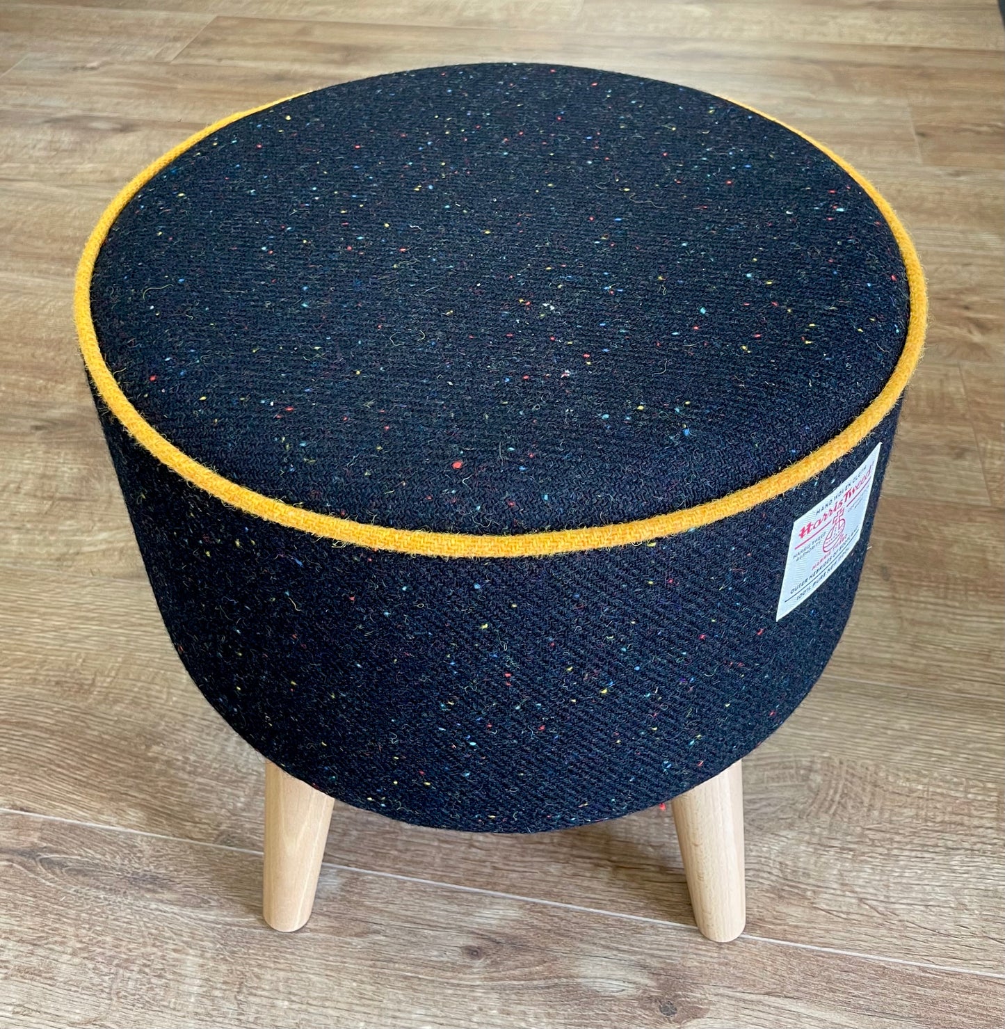 Black Speckled Harris Tweed Footstool with Yellow Piping Detail