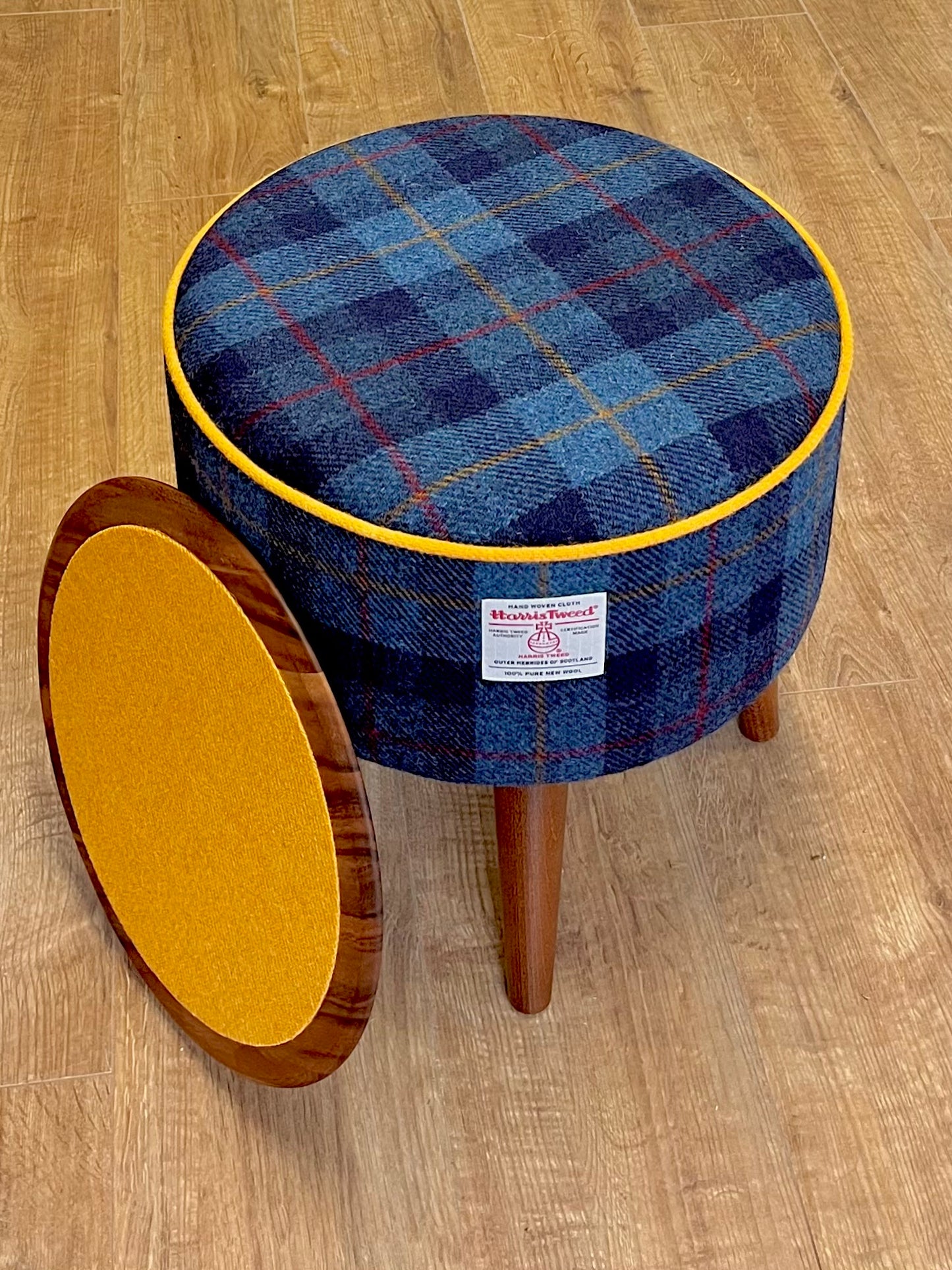 Blue Tartan Harris Tweed End Table with Yellow Piping and Removable Wooden Top
