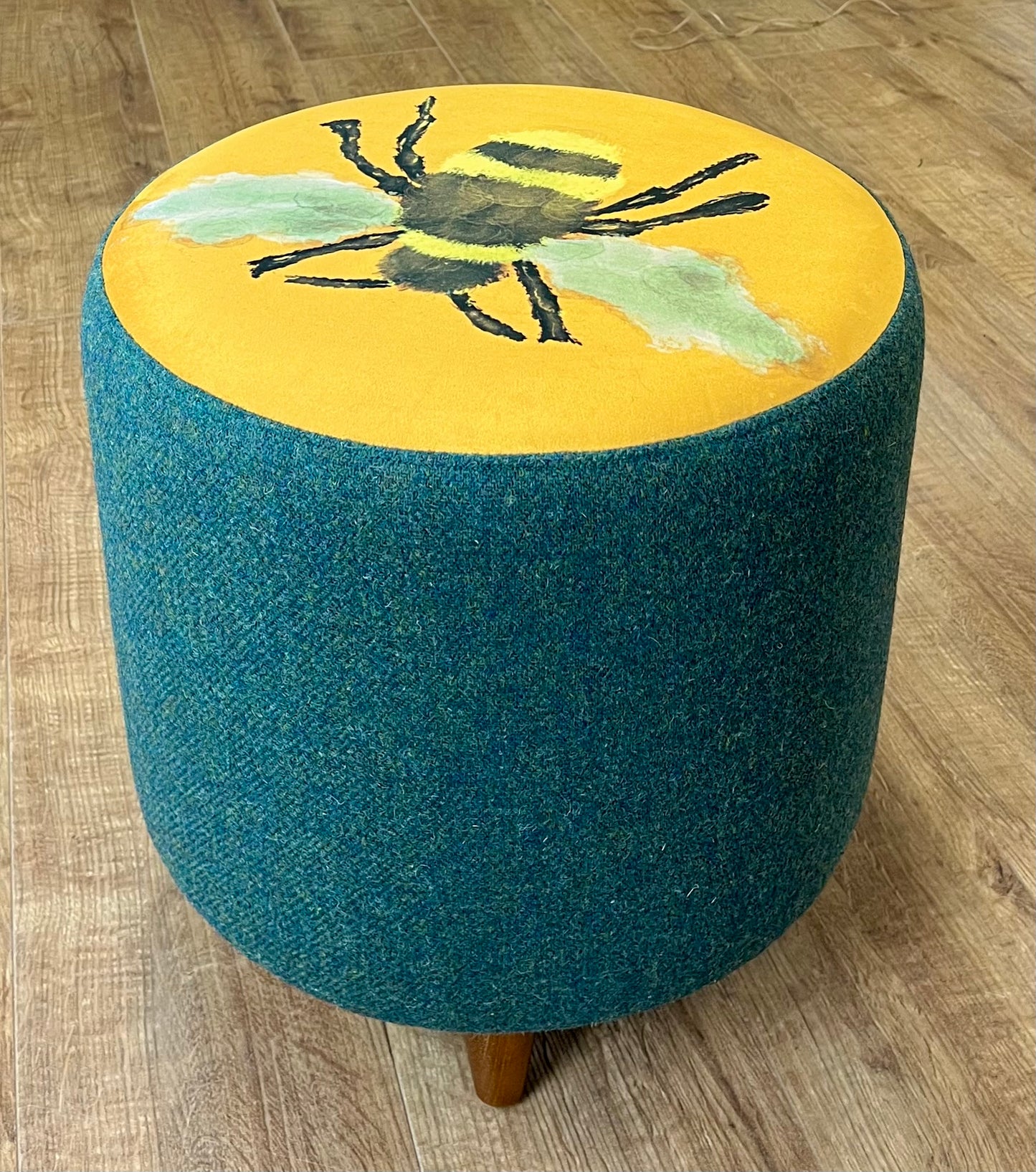 Bumble Bee Velvet Footstool with Green Harris Tweed with Dark Wooden Mini Feet