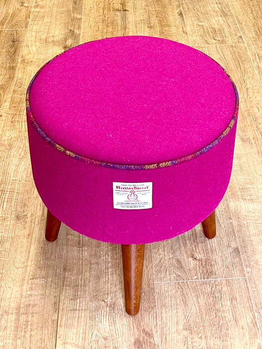 Fuchsia Harris Tweed Footstool with Tartan Piping and Dark Varnished Wooden Legs