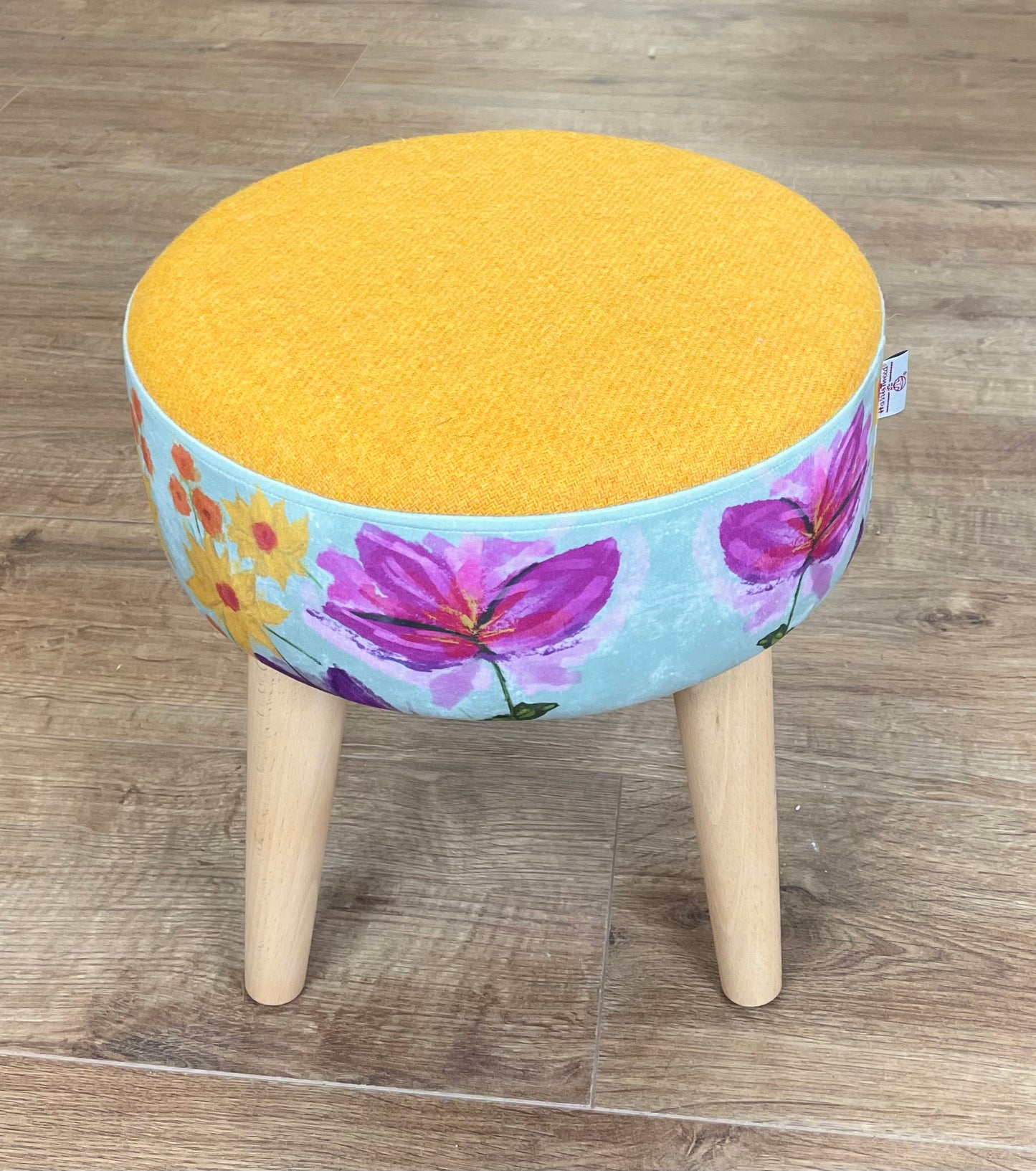Spring Time Velvet and Yellow Harris Tweed Small Footstool