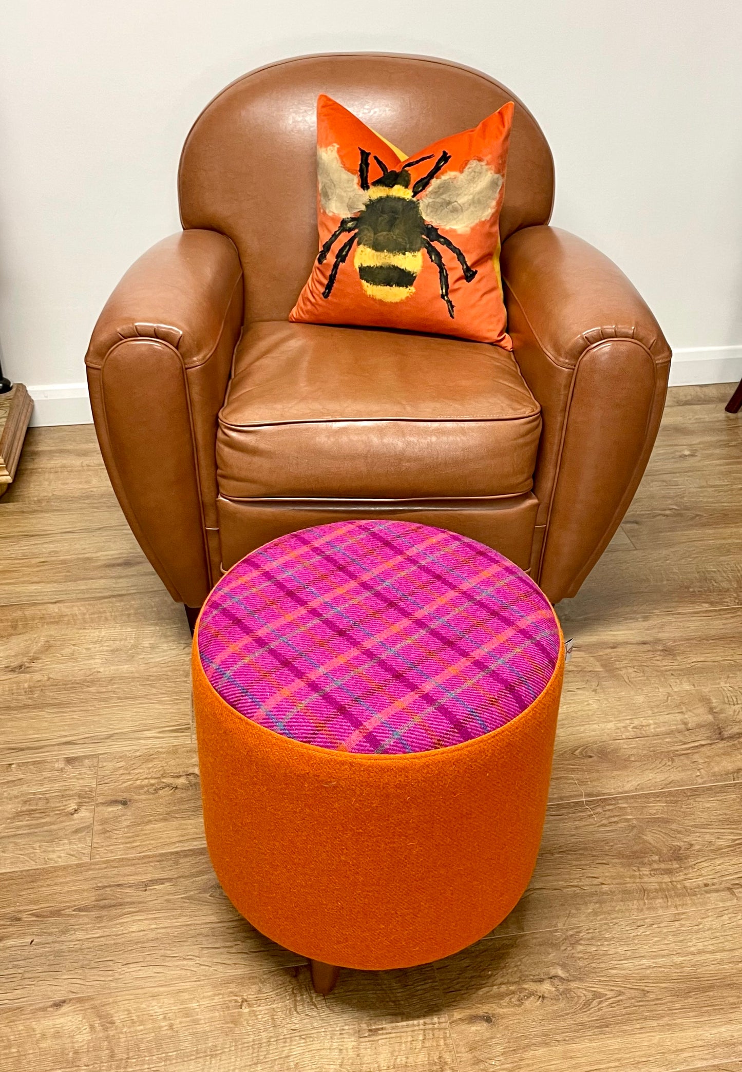 Orange and Bright Pink Tartan Harris Tweed Chunky Footstool