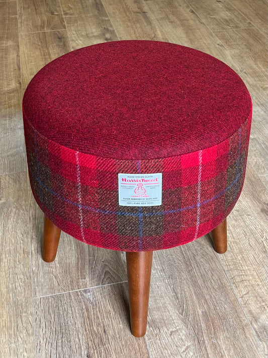 Red Tartan Harris Tweed Footstool with Dark Varnished Wooden Legs