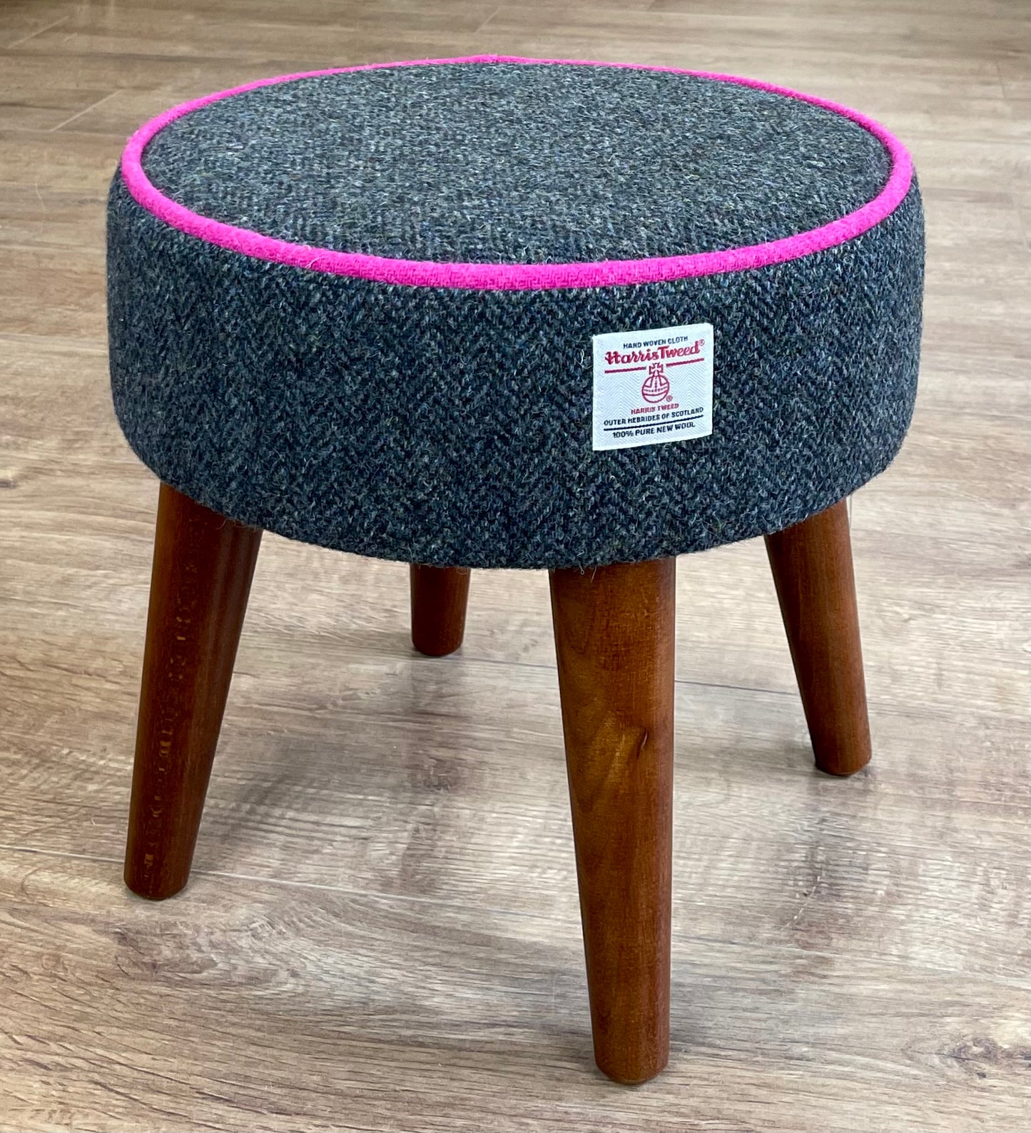 Charcoal Harris Tweed Footstool with Bright Pink Piping Detail
