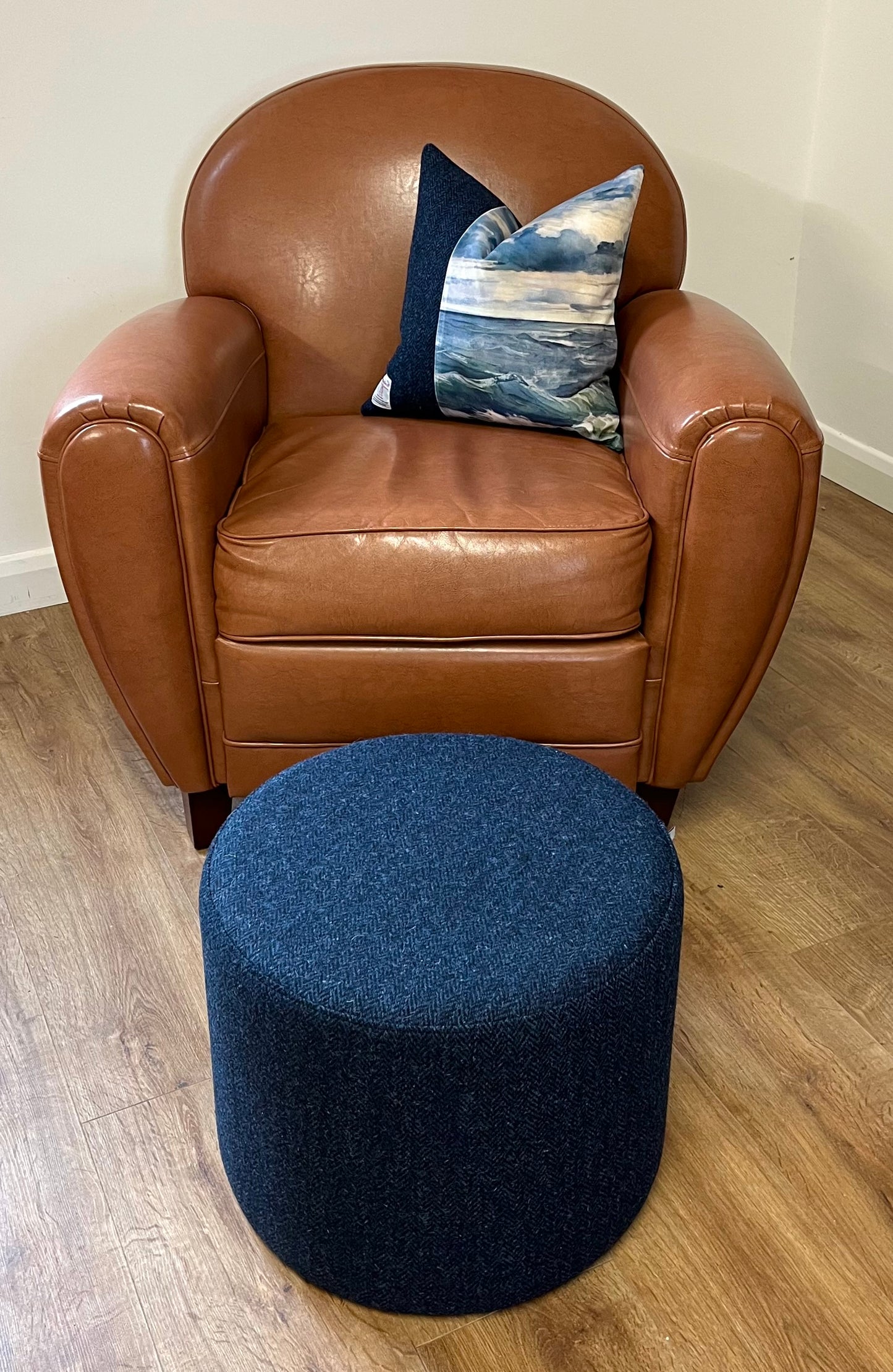 Navy Blue Herringbone Harris Tweed Floating Footstool