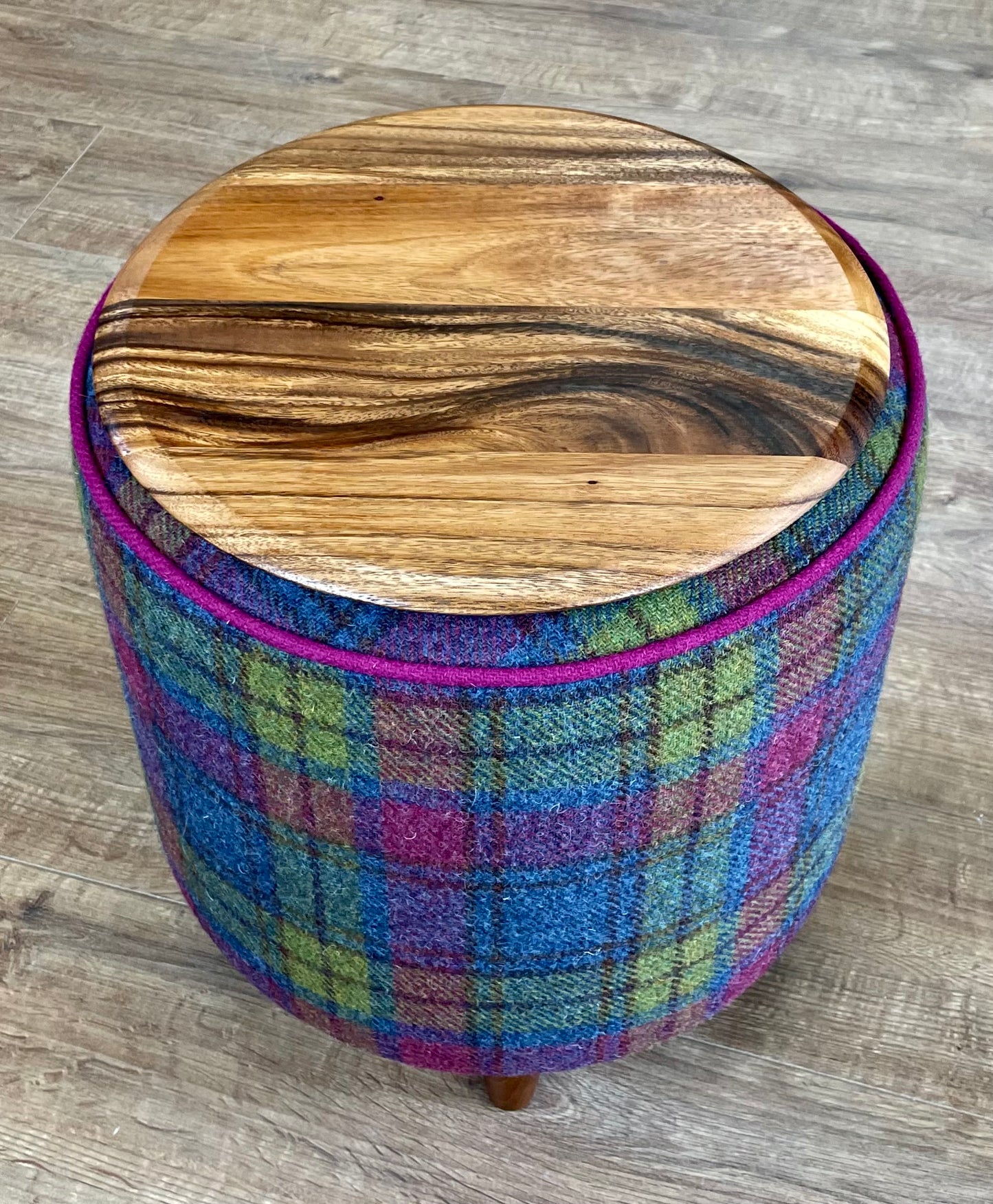 Colourful Tartan Harris Tweed Chunky End Table with Fuchsia Piping and Removable Wooden Top