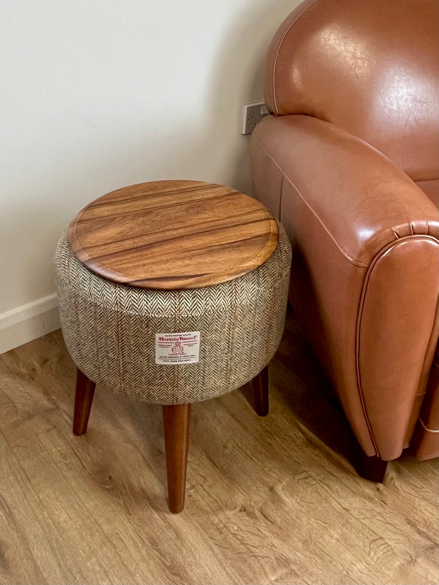 Overcheck Harris Tweed End Table with Removable Wooden Top and Dark Varnished Wooden Legs