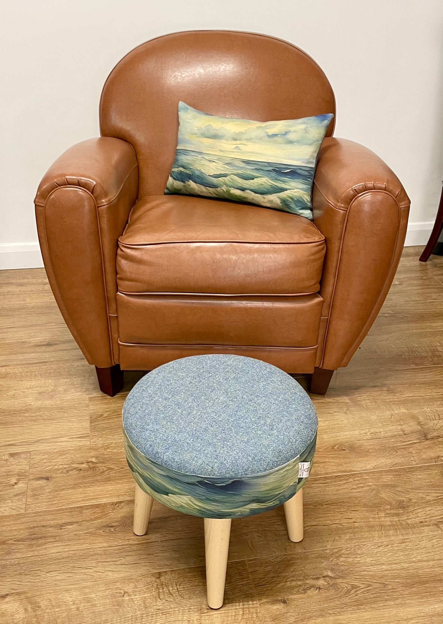 Stormy Sea Linen and Light Blue Harris Tweed Footstool with Wooden Legs