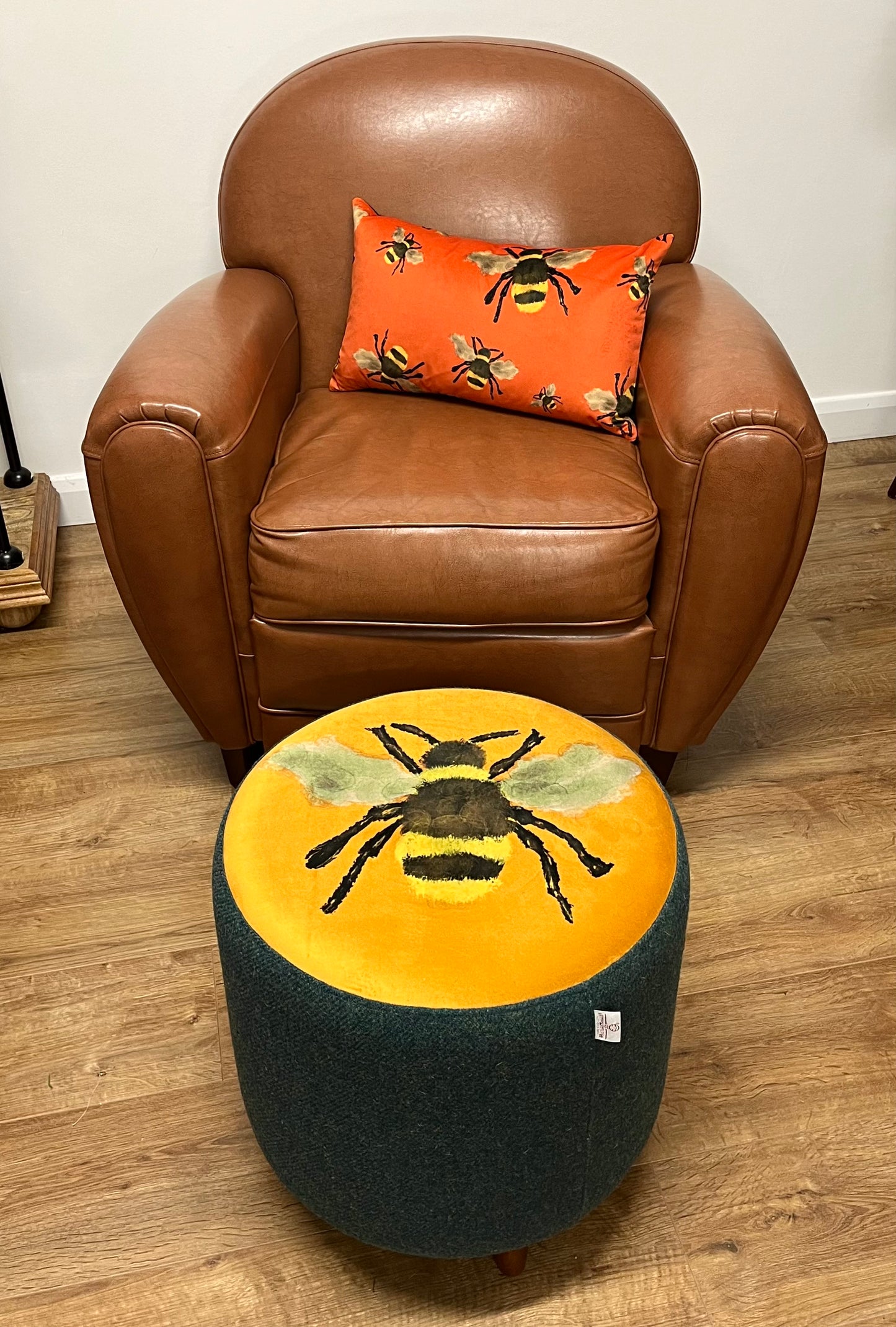 Bumble Bee Velvet Footstool with Green Harris Tweed with Dark Wooden Mini Feet