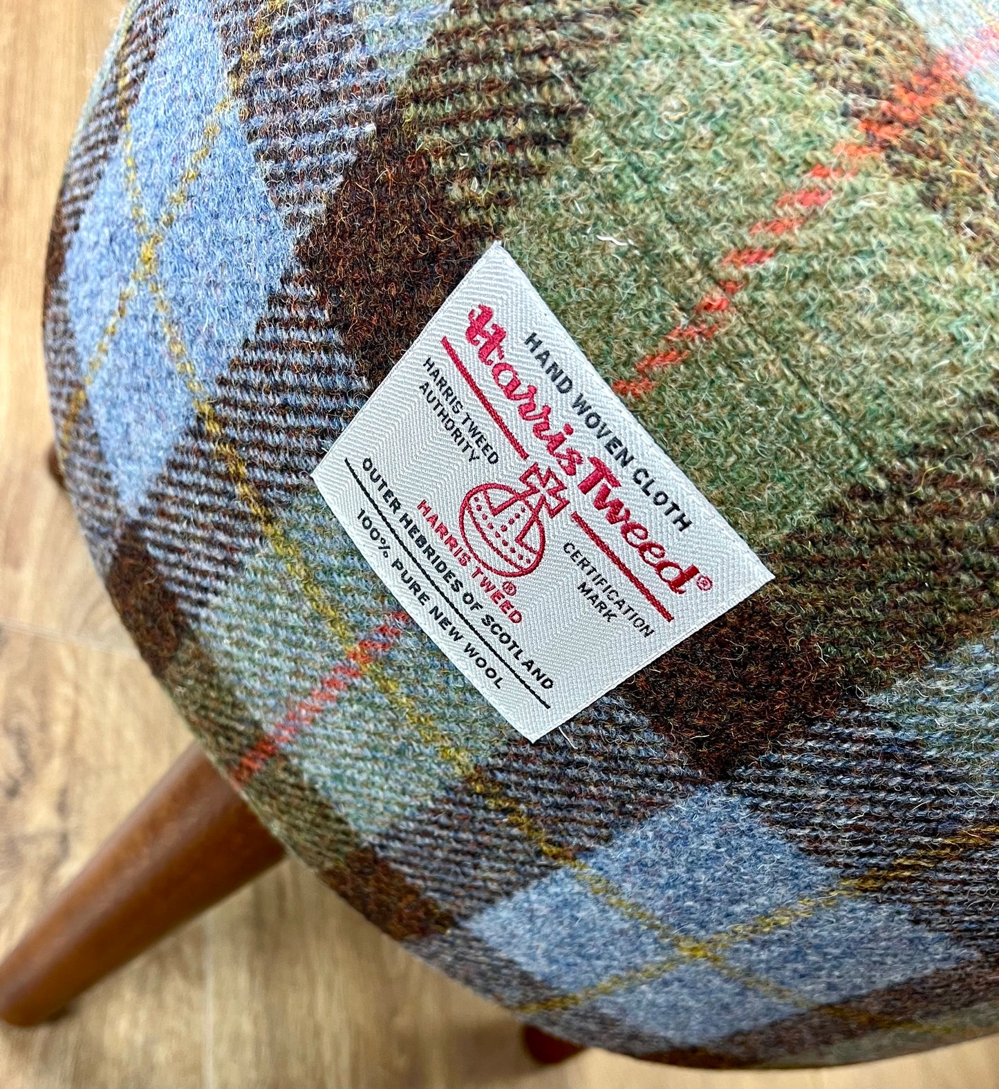 Harris Tweed MacLeod Tartan Round Footstool with Varnished Dark Wooden Legs