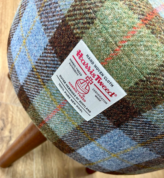 Harris Tweed MacLeod Tartan Round Footstool with Varnished Dark Wooden Legs
