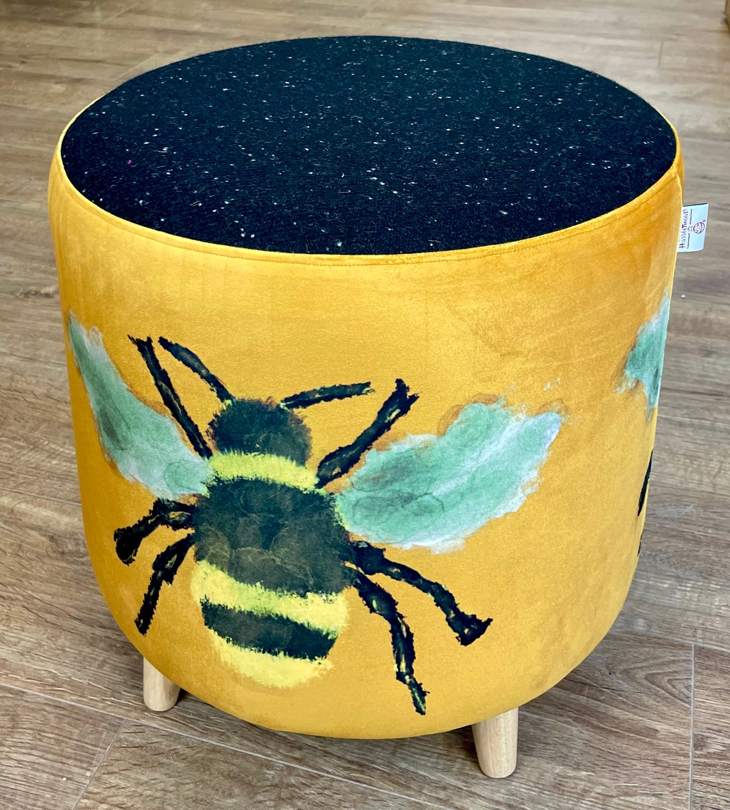 Bumble Bee Footstool with Black Speckled Harris Tweed Top Detail